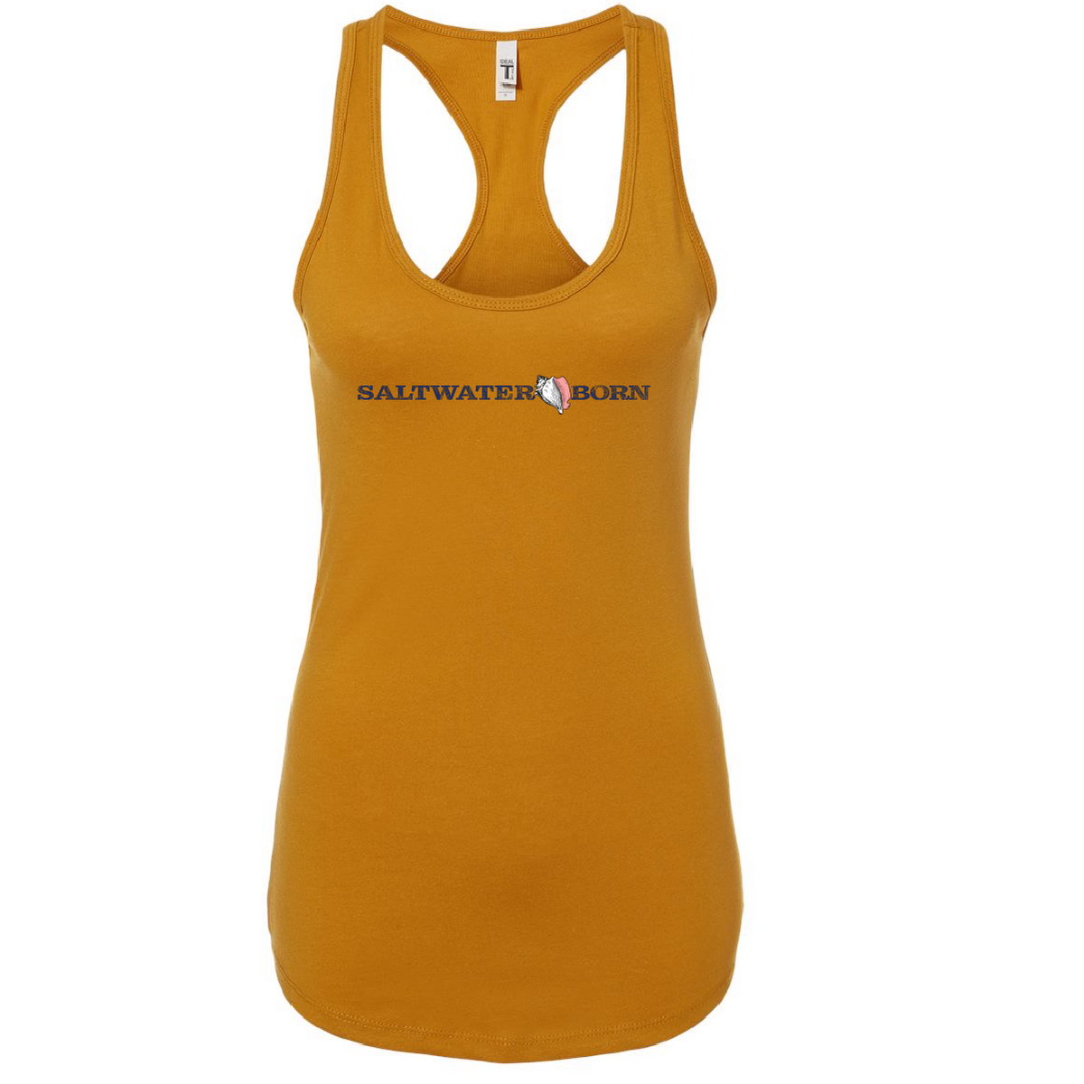 A women's racerback tank top in a mustard yellow color, featuring the text 'SALTWATER BORN' printed across the chest with a small Texas state flag graphic.