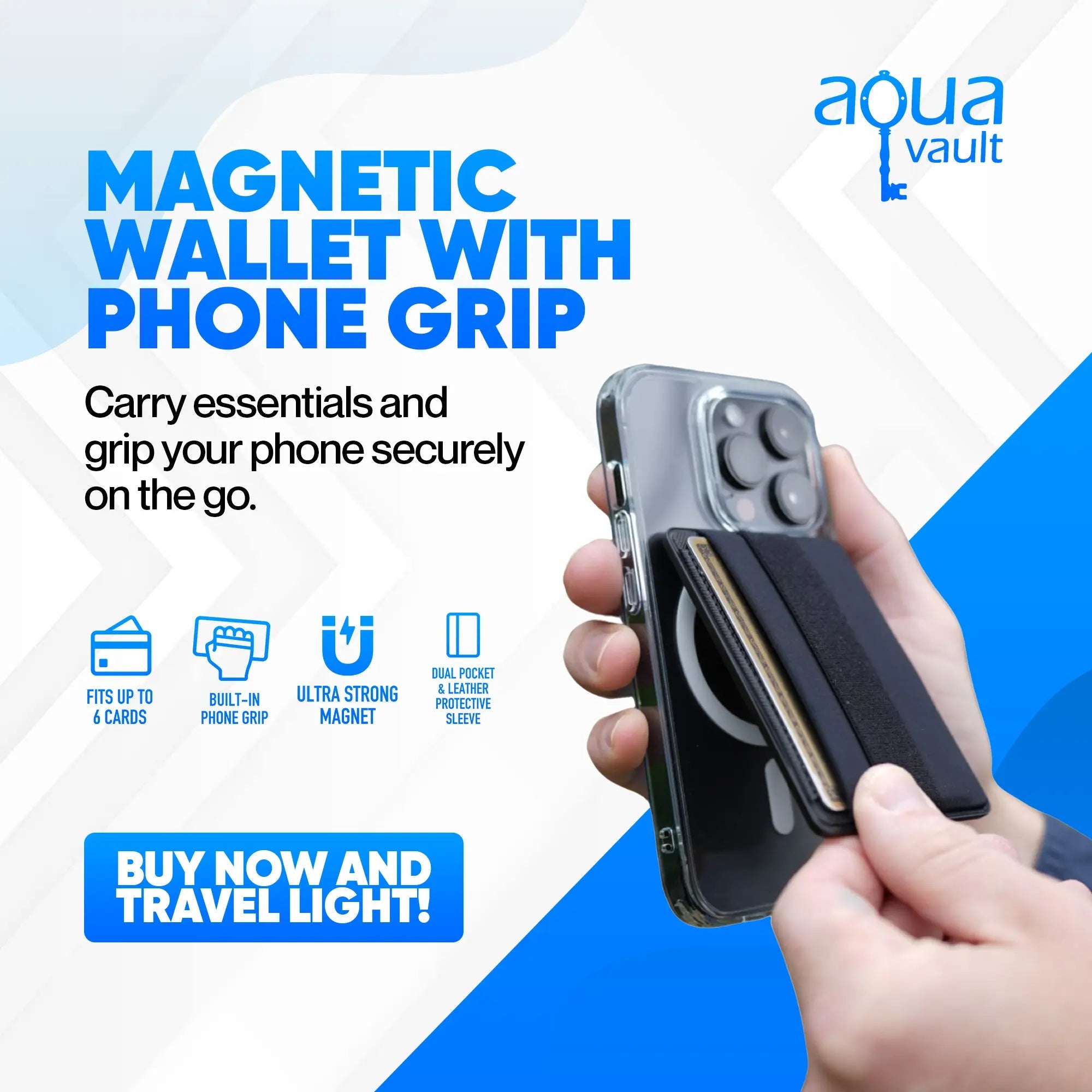 Hand holding a phone with a magnetic wallet and phone grip, featuring Aqua Vault branding.
