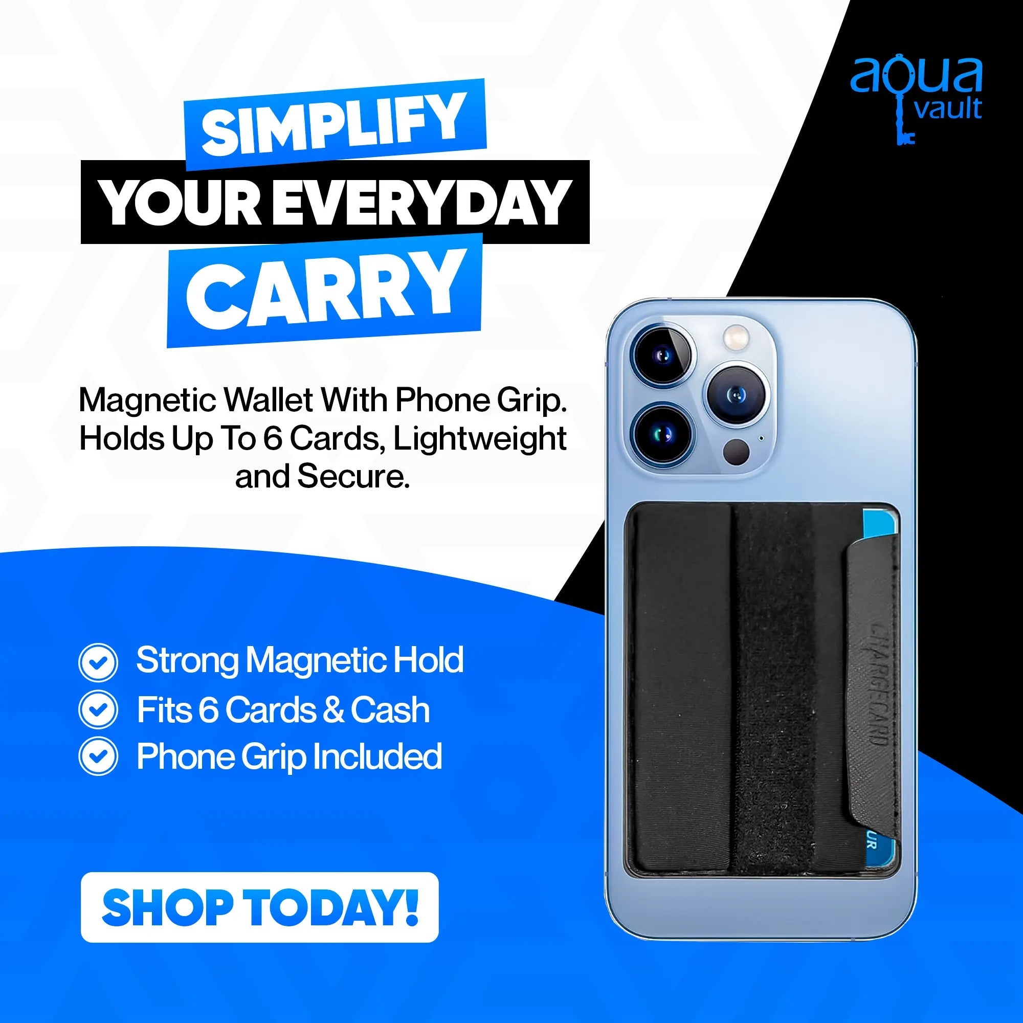 Magnetic wallet with phone grip on a blue and white background, featuring Aqua Vault branding.
