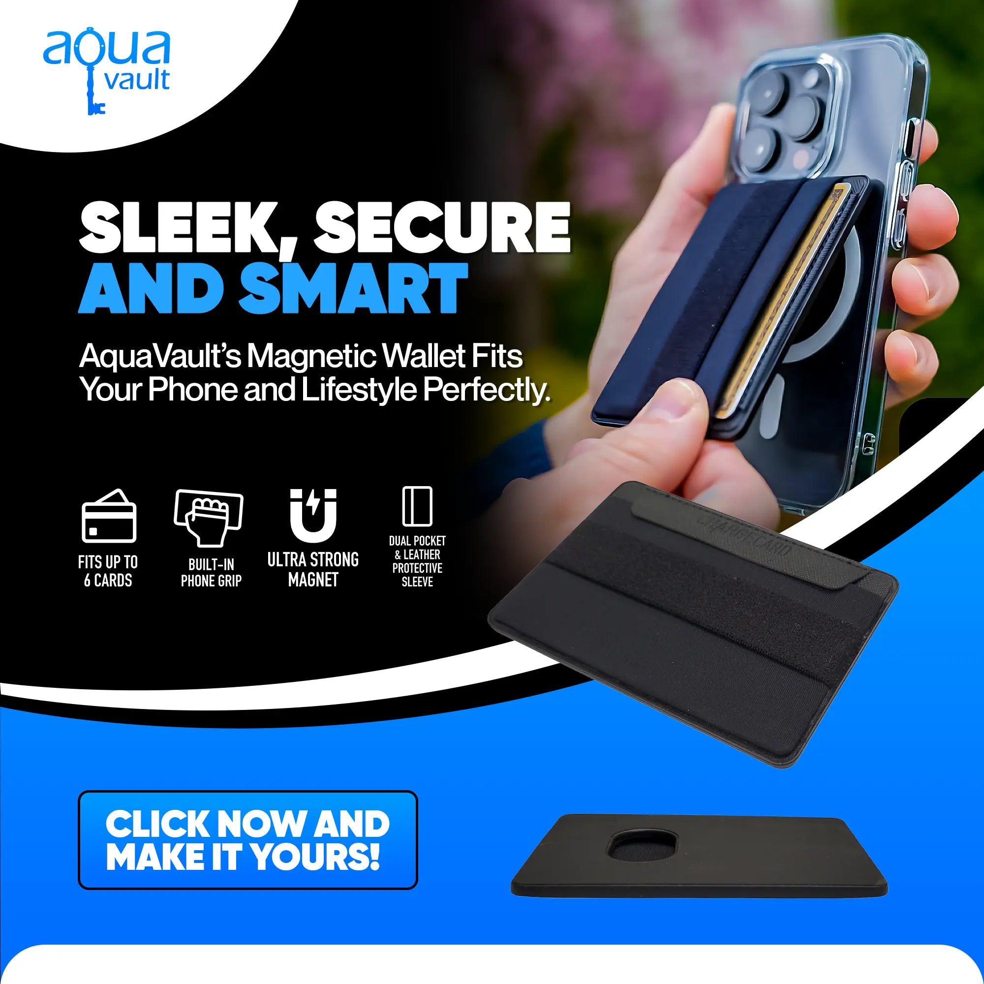 AquaVault magnetic wallet being used with a phone, featuring text highlighting features and call to action.