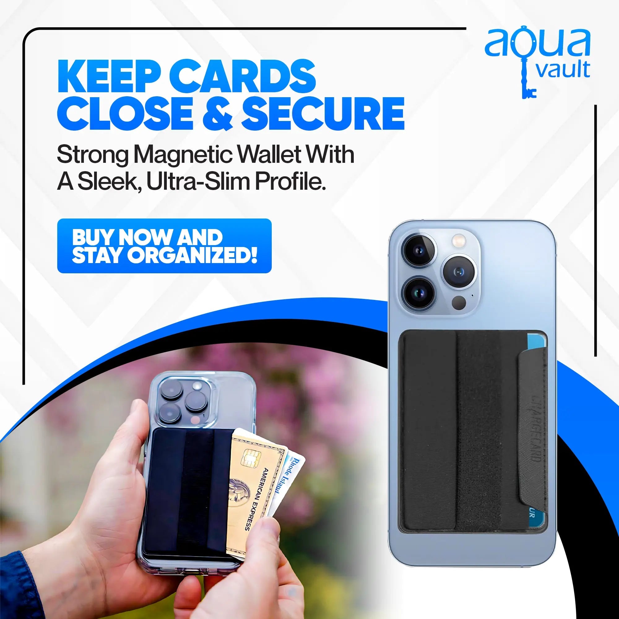 Smartphone with a magnetic card holder attached, held by a hand, with promotional text and Aqua Vault logo.