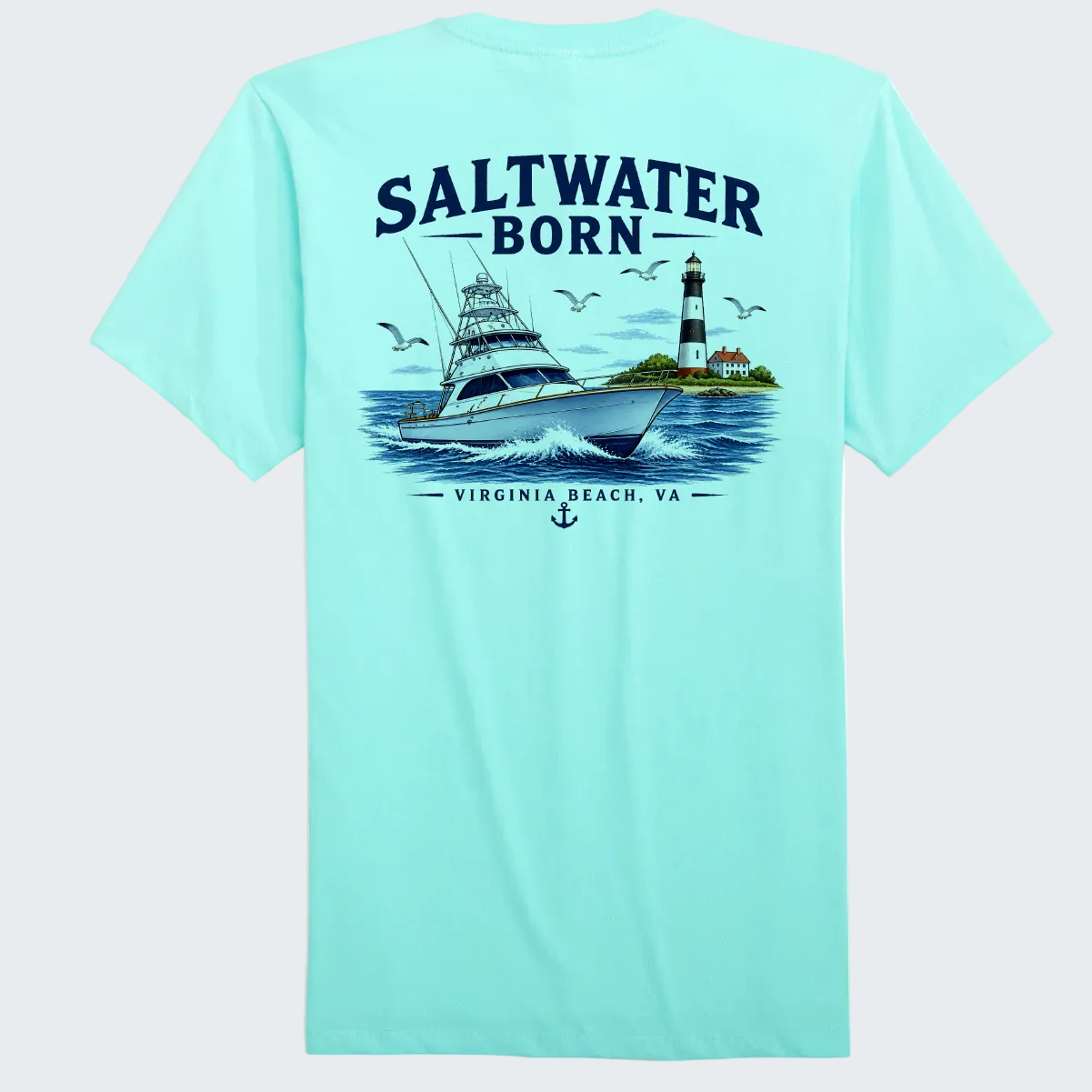 A light aqua short-sleeve t-shirt shown from the back, featuring a large graphic print of a sailboat, lighthouse, seagulls, and the text 'SALTWATER BORN' and 'VIRGINIA BEACH, VA'.