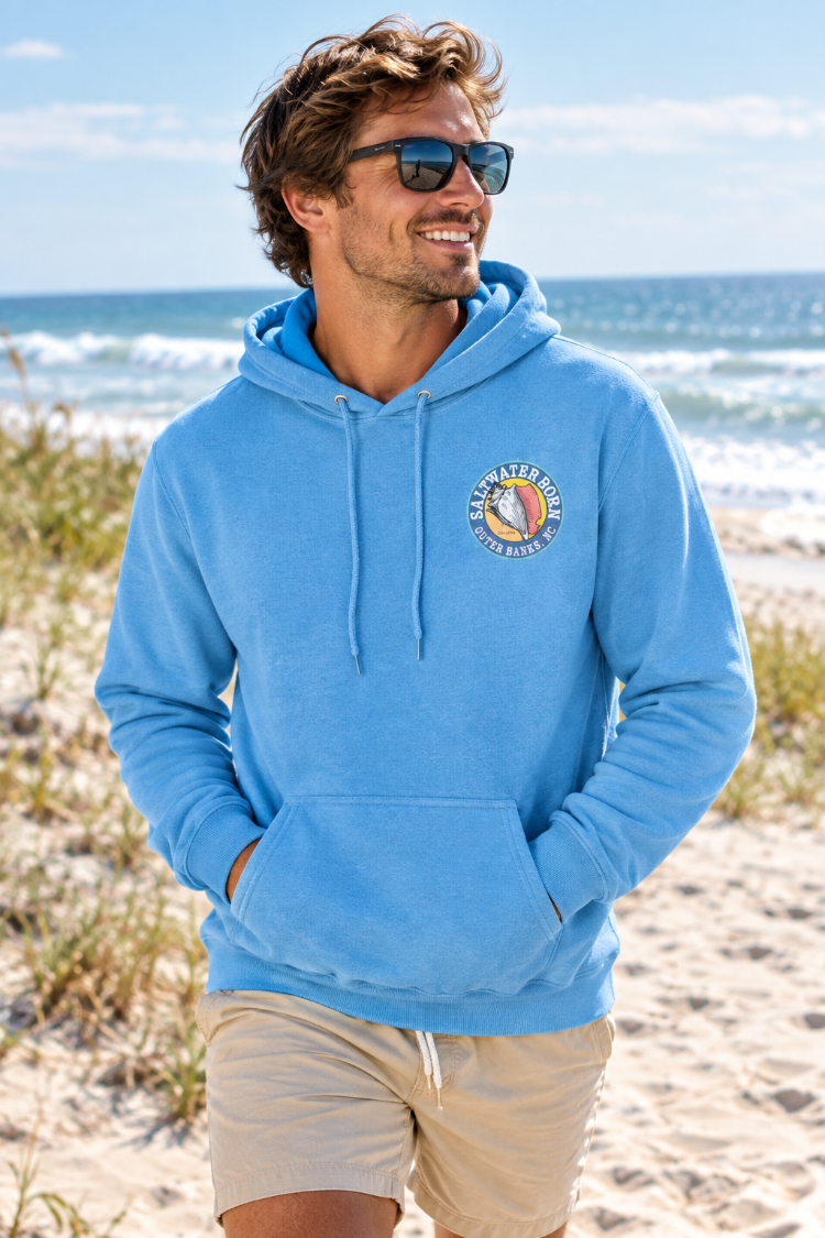 A light blue pullover hoodie with a drawstring hood and kangaroo pocket, featuring a circular embroidered logo on the left chest that reads 'MILITARY BULL RACE' with a bull graphic.