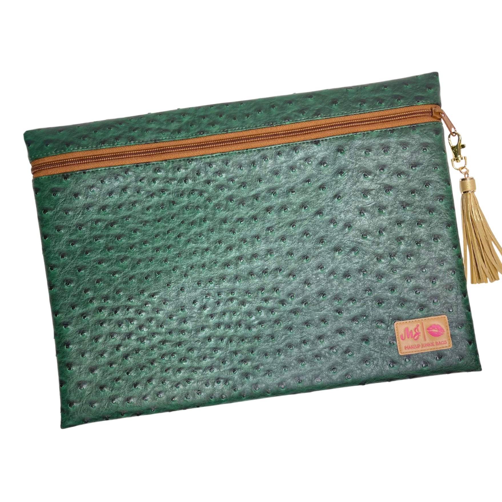 Green textured pouch with a brown zipper and tassel on a white background