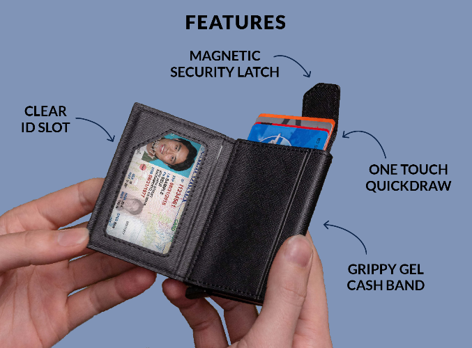 Black wallet with features highlighted on a blue background