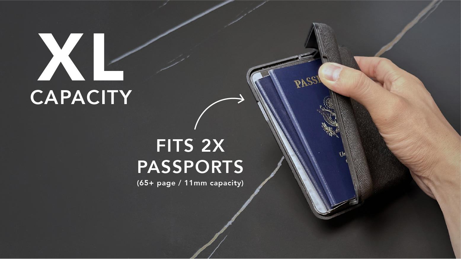 Hand holding a passport holder with text indicating XL capacity and passport compatibility.
