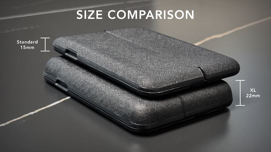 Two phone cases with size comparison labels on a gray background