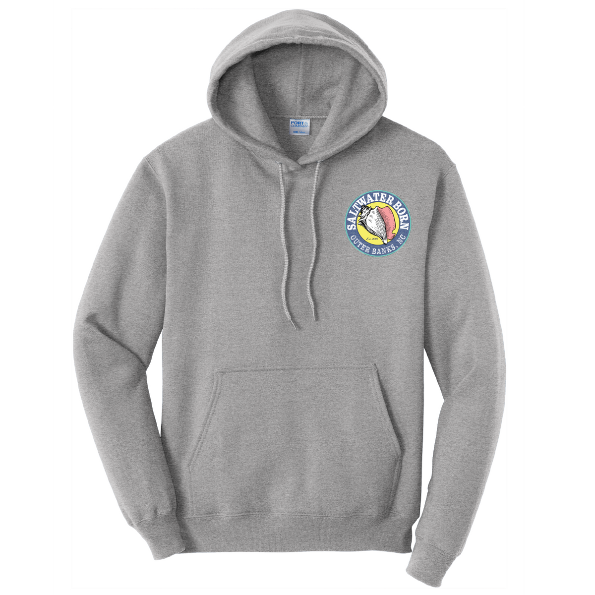 A heather gray pullover hoodie with a drawstring hood and kangaroo pocket, featuring a circular 'Salt Water Ducks' logo printed on the left chest.