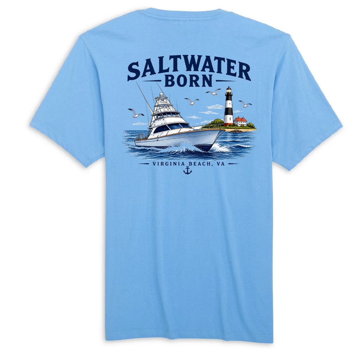 A light blue short-sleeve t-shirt shown from the back, featuring a large graphic print of a white yacht on blue water with a lighthouse, seagulls, and the text 'SALTWATER BORN' and 'VIRGINIA BEACH, VA'.