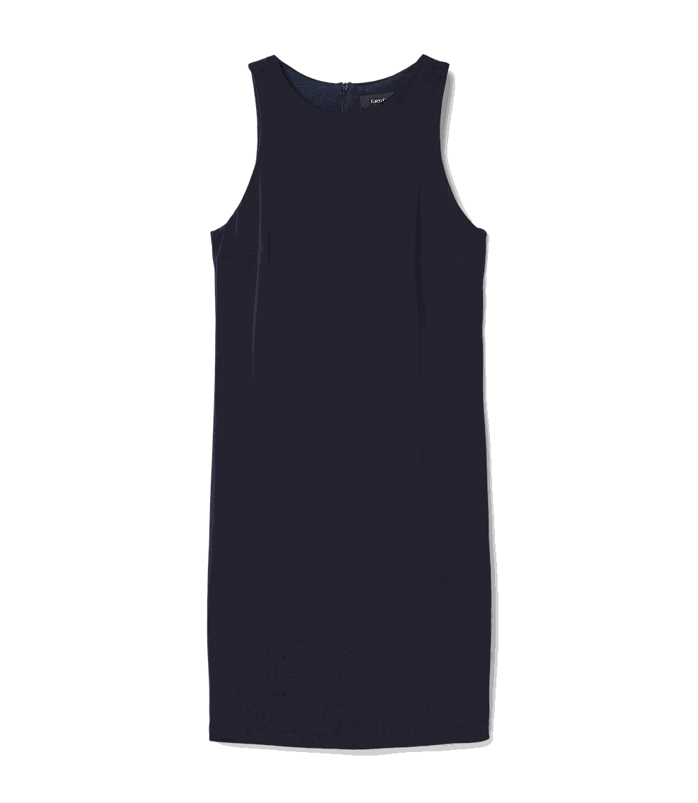 A sleeveless, knee-length shift dress in a very dark navy blue, shown flat against a solid black background.