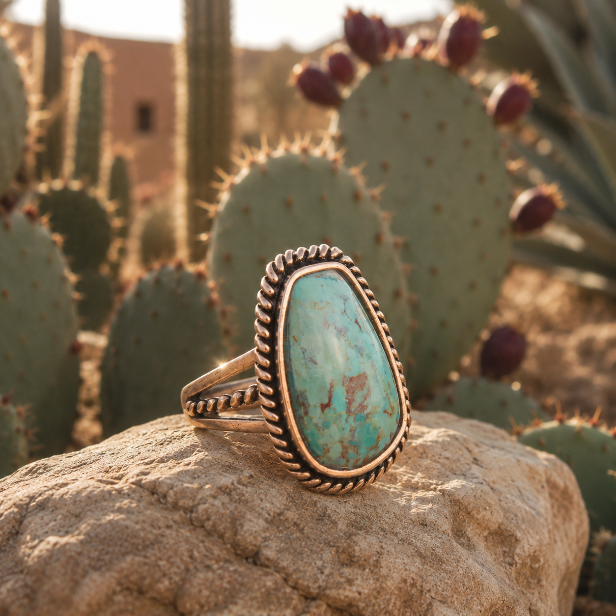 Turquoise stone ring on a rock with cacti in the background