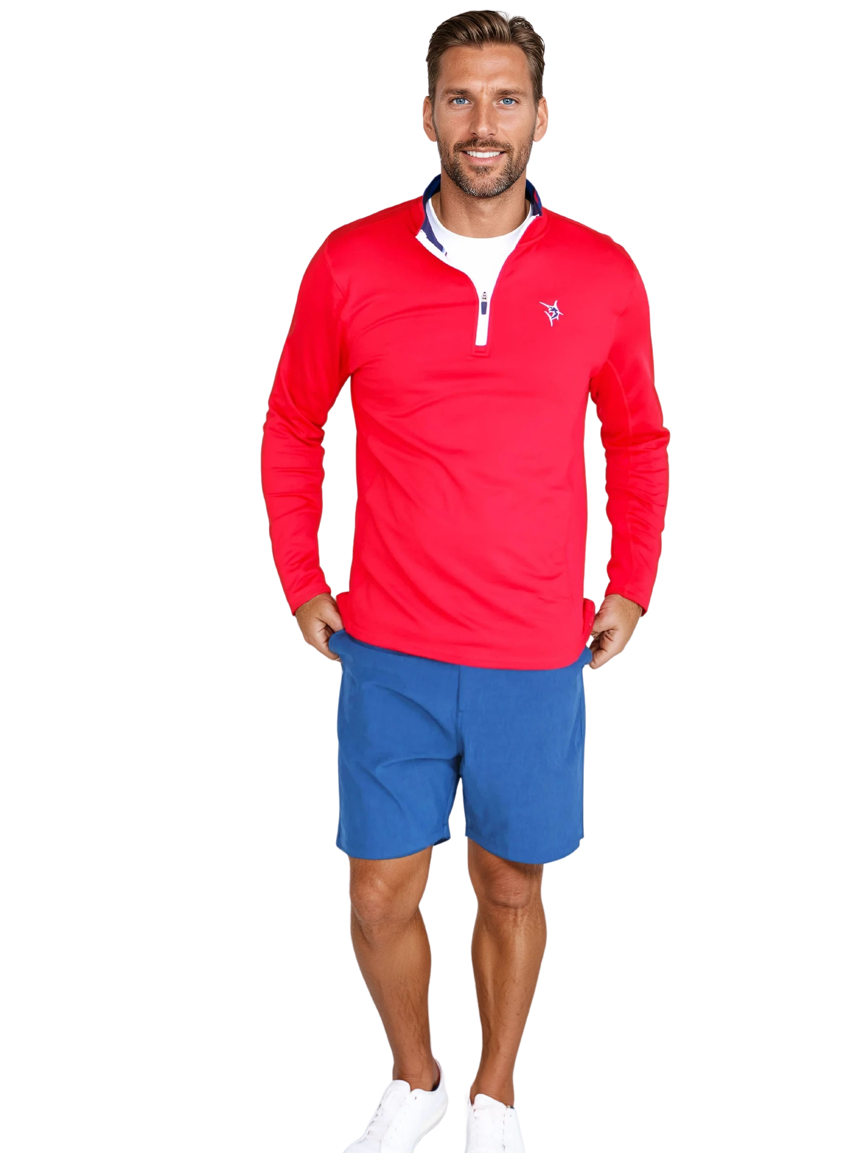 Man wearing a red long-sleeve shirt and blue shorts on a white background