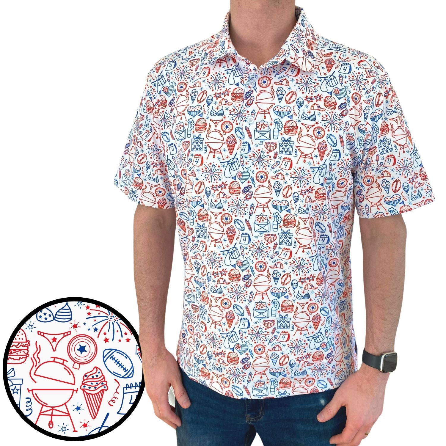 Person wearing a colorful patterned shirt with a close-up of the design on a white background