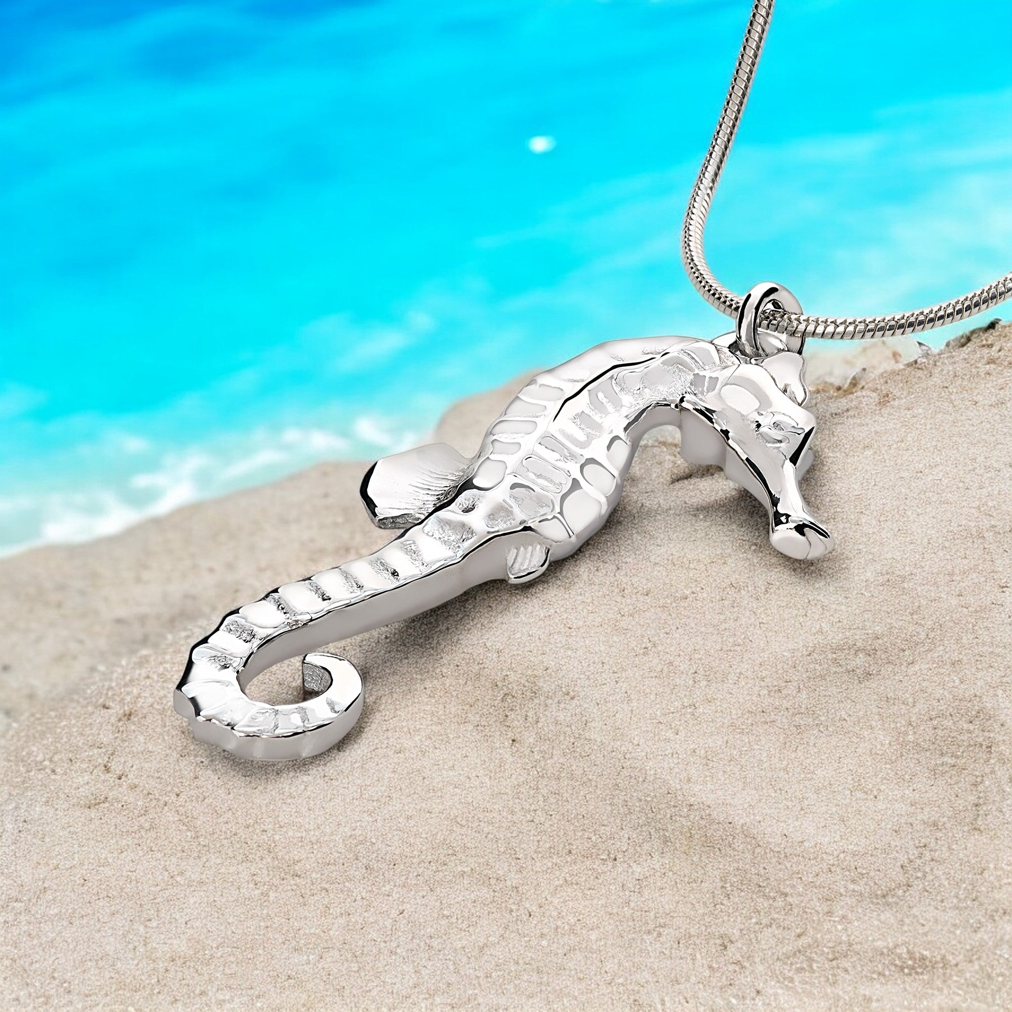 Silver seahorse pendant on a chain with a beach background
