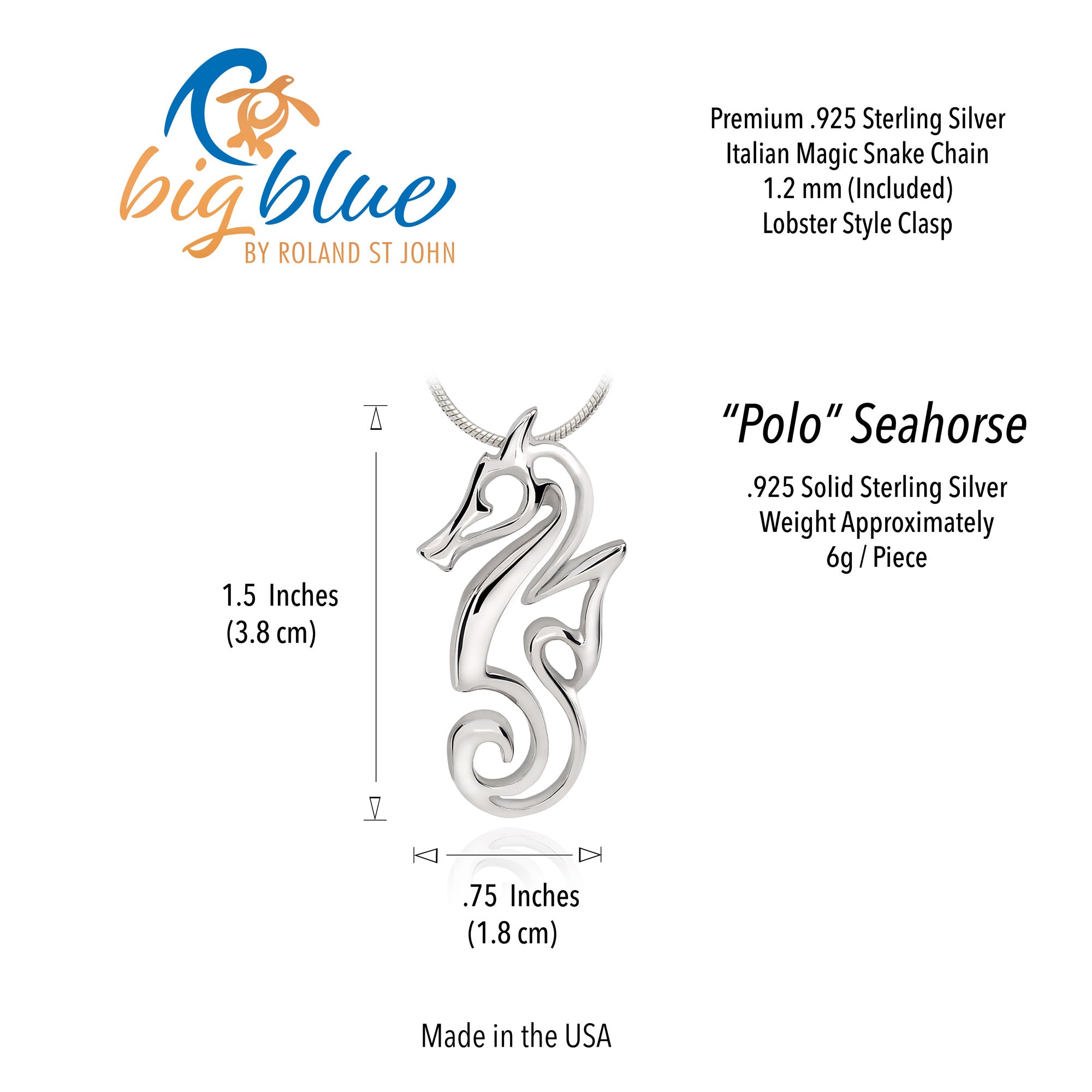 Silver seahorse pendant with measurement details and 'big blue' branding.