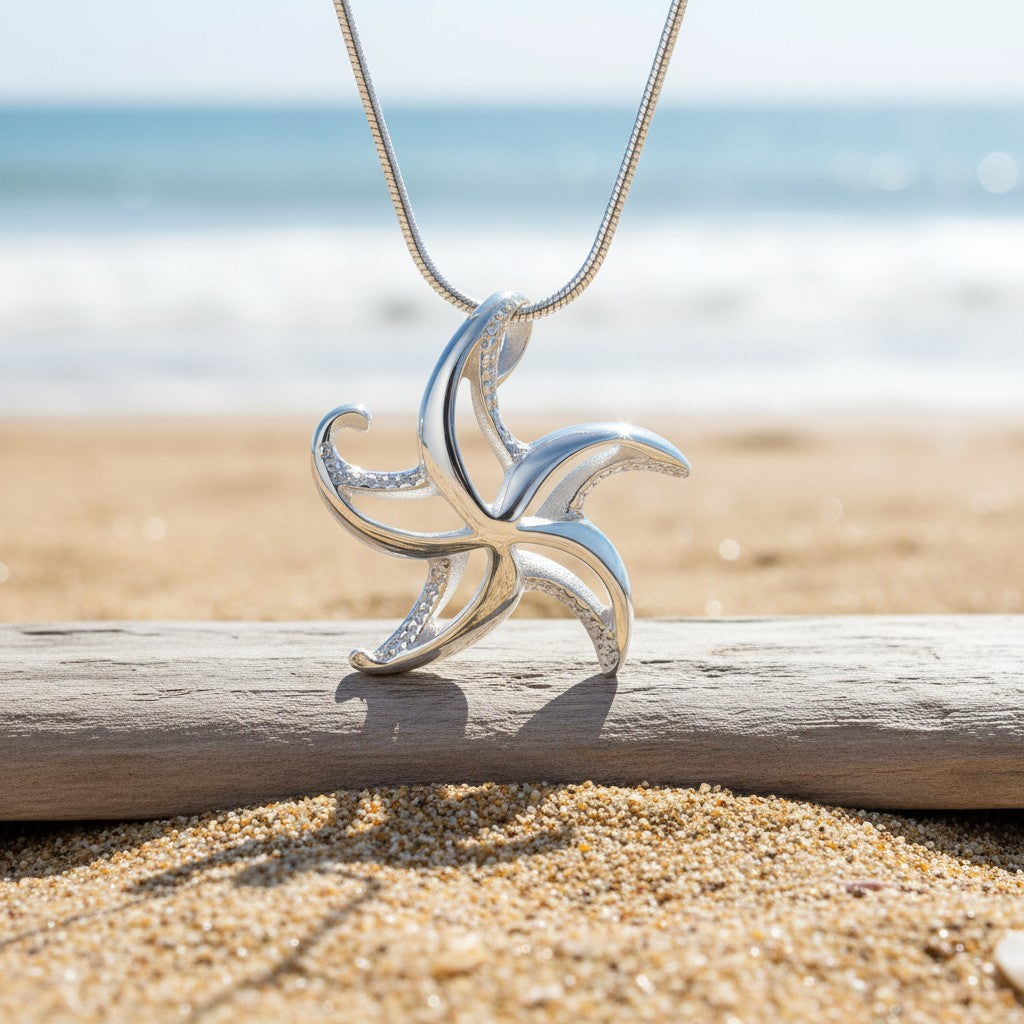 Silver starfish pendant on a chain against a beach background