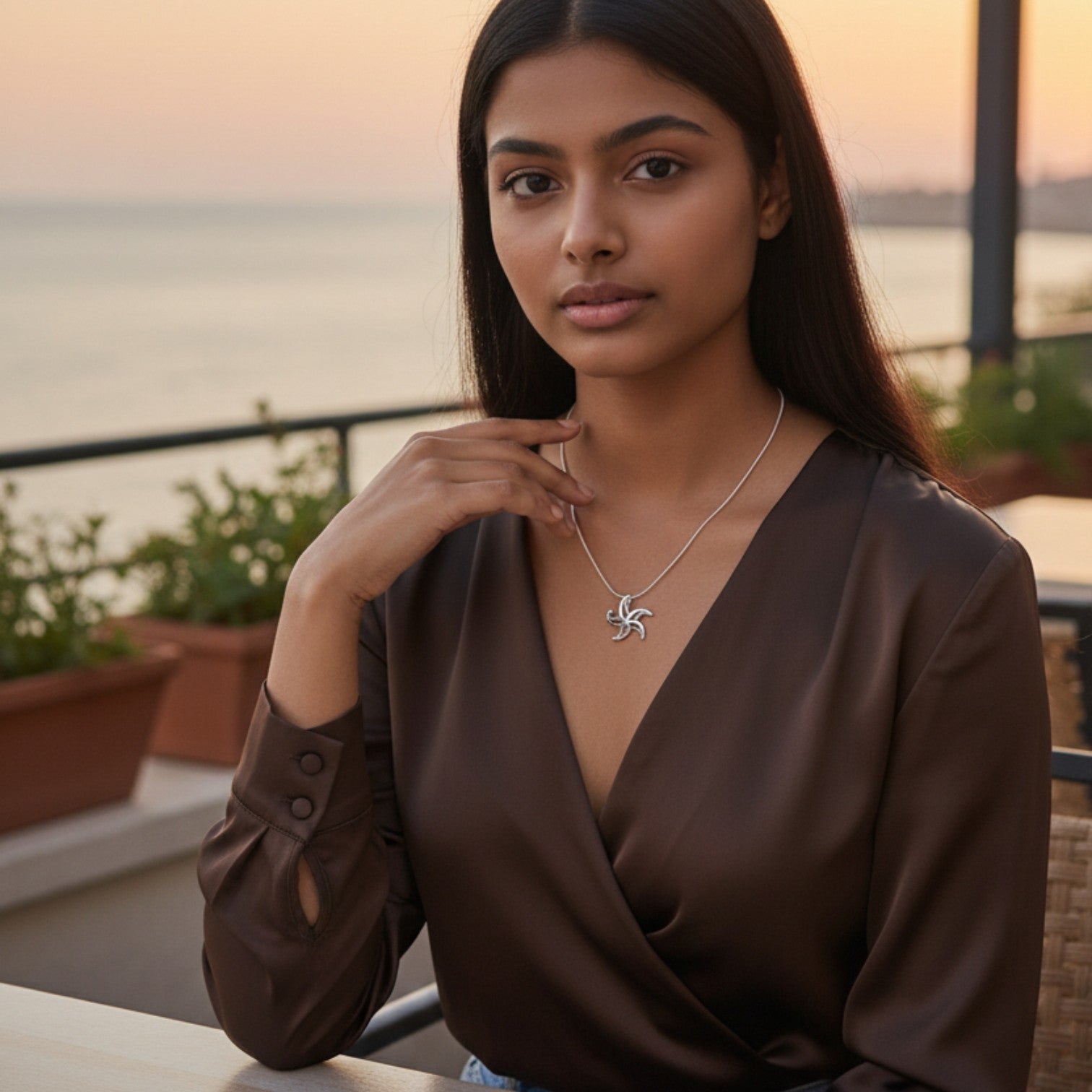 Woman wearing a brown top and necklace with a scenic background