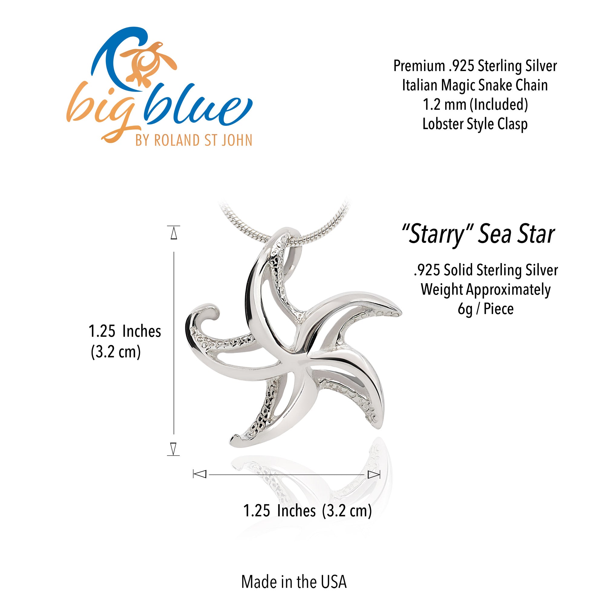 Silver 'Starry' Sea Star pendant with chain, measurements, and brand information on a white background.