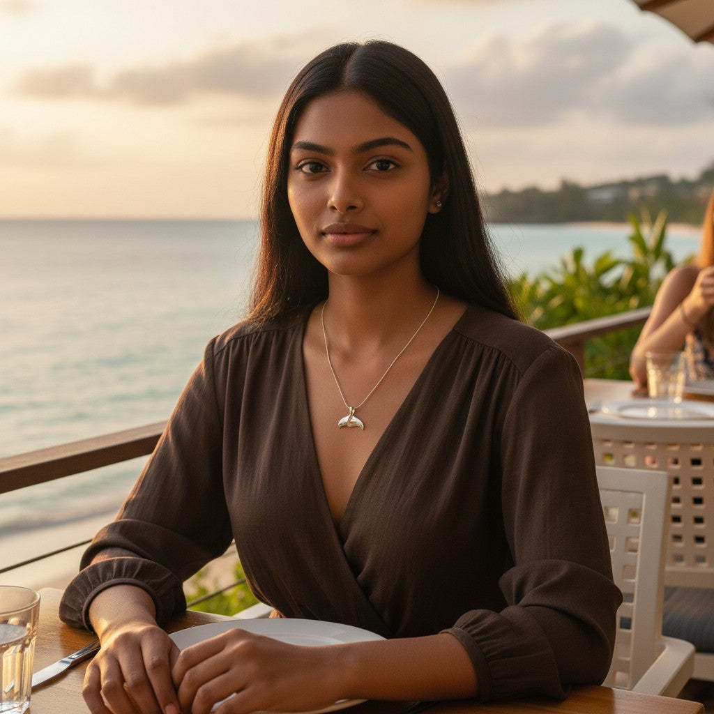 Woman sitting at a table by the ocean during sunset