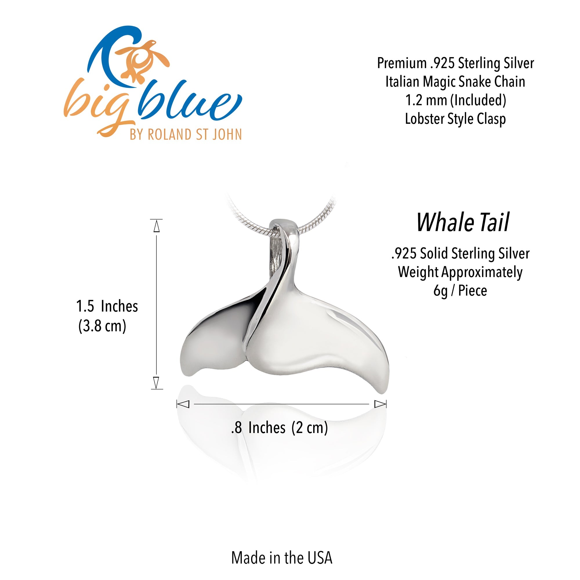 Silver whale tail pendant with measurements and product details on a white background