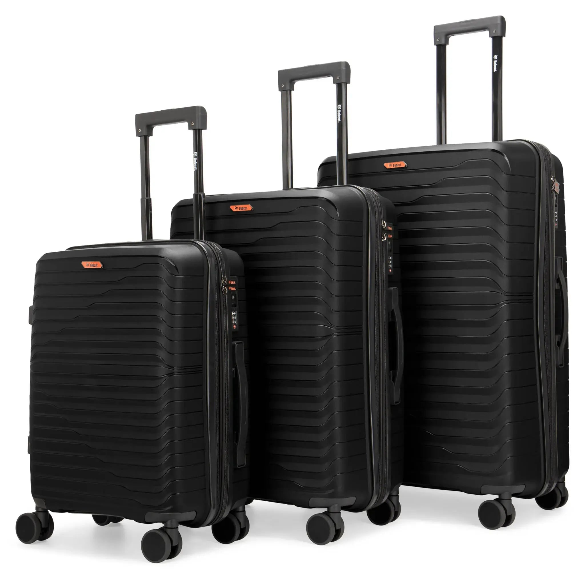 Three black suitcases of different sizes on a white background
