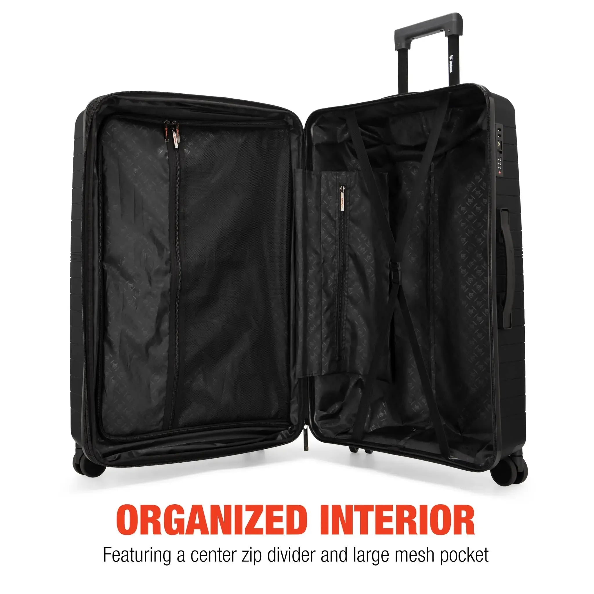 Black suitcase with open interior showing a center zip divider and large mesh pocket on a white background.