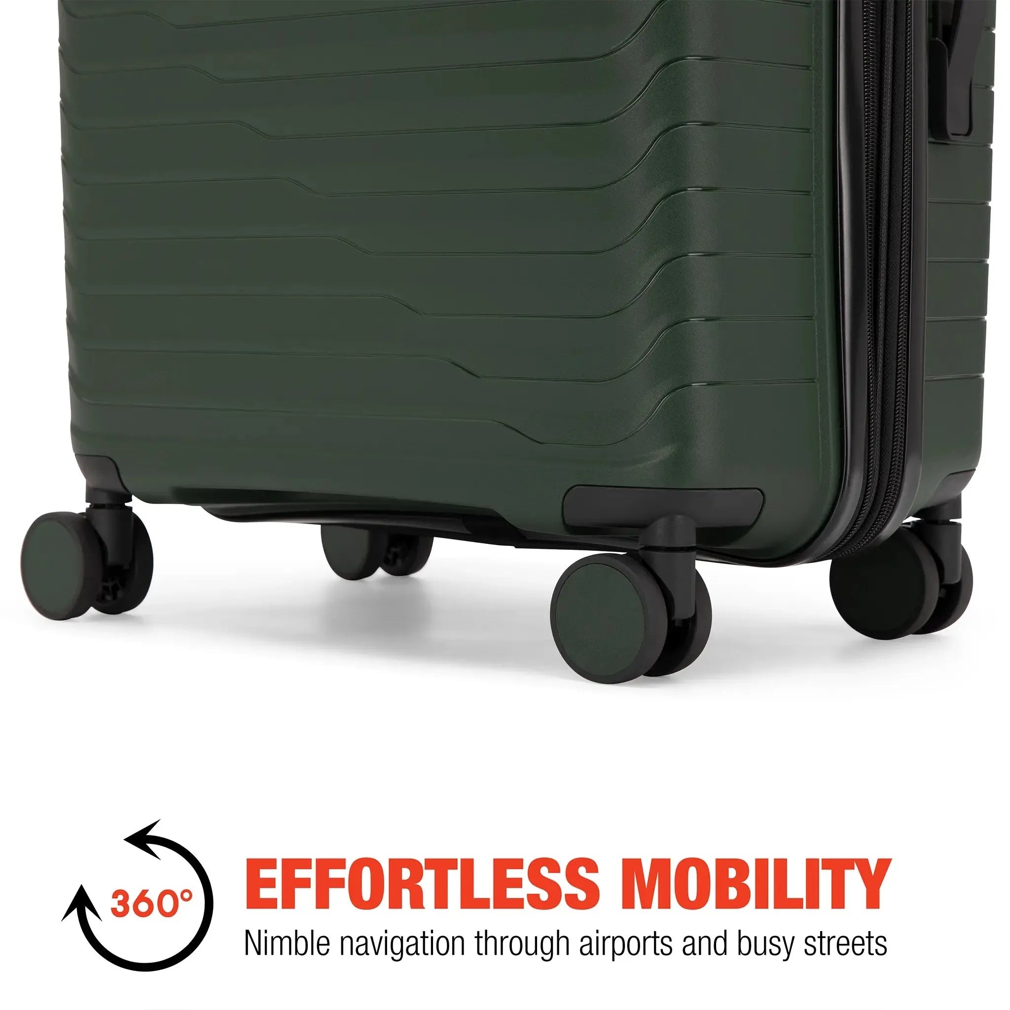 Green suitcase with wheels on a white background and text about effortless mobility.