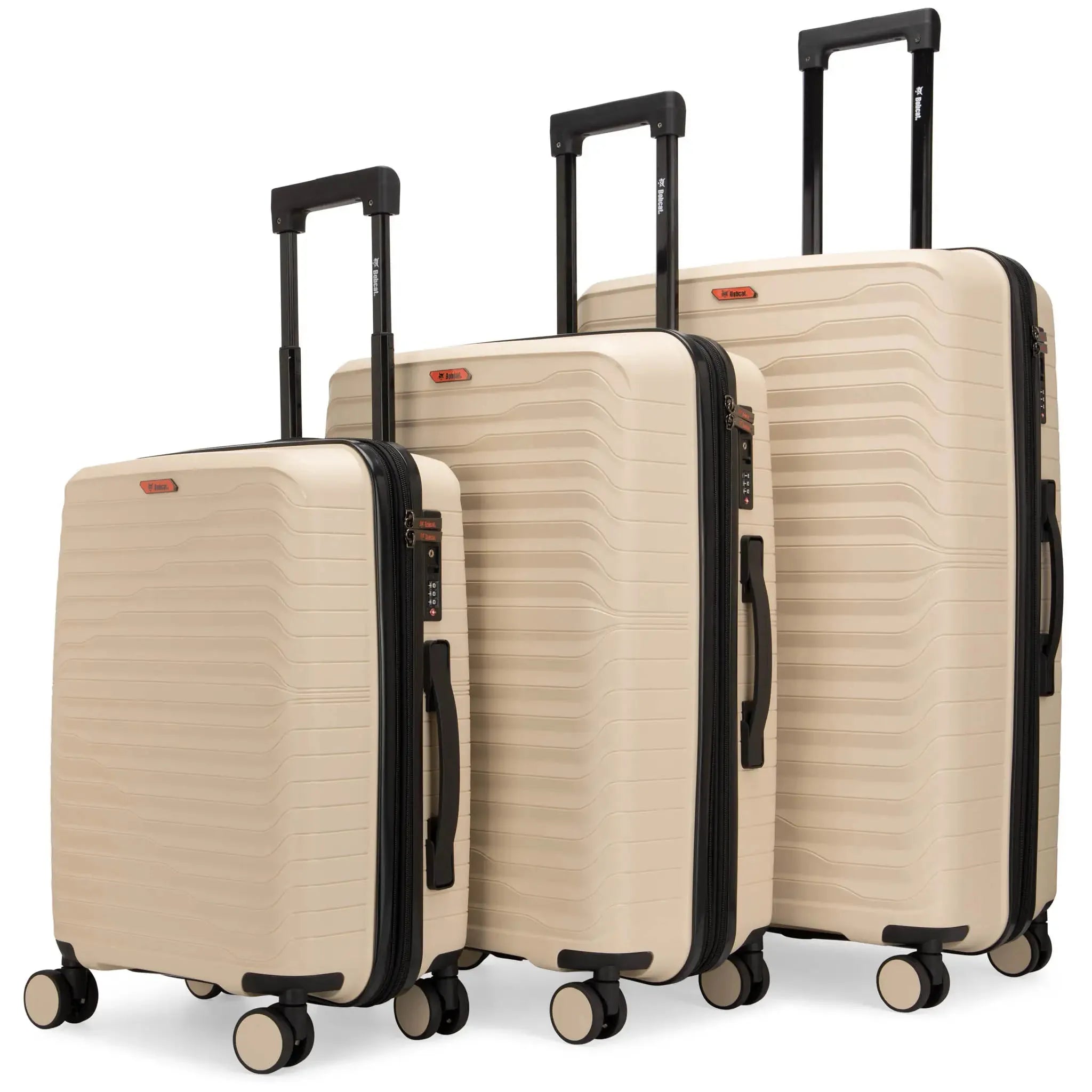 Three beige suitcases of different sizes with black handles and wheels on a white background