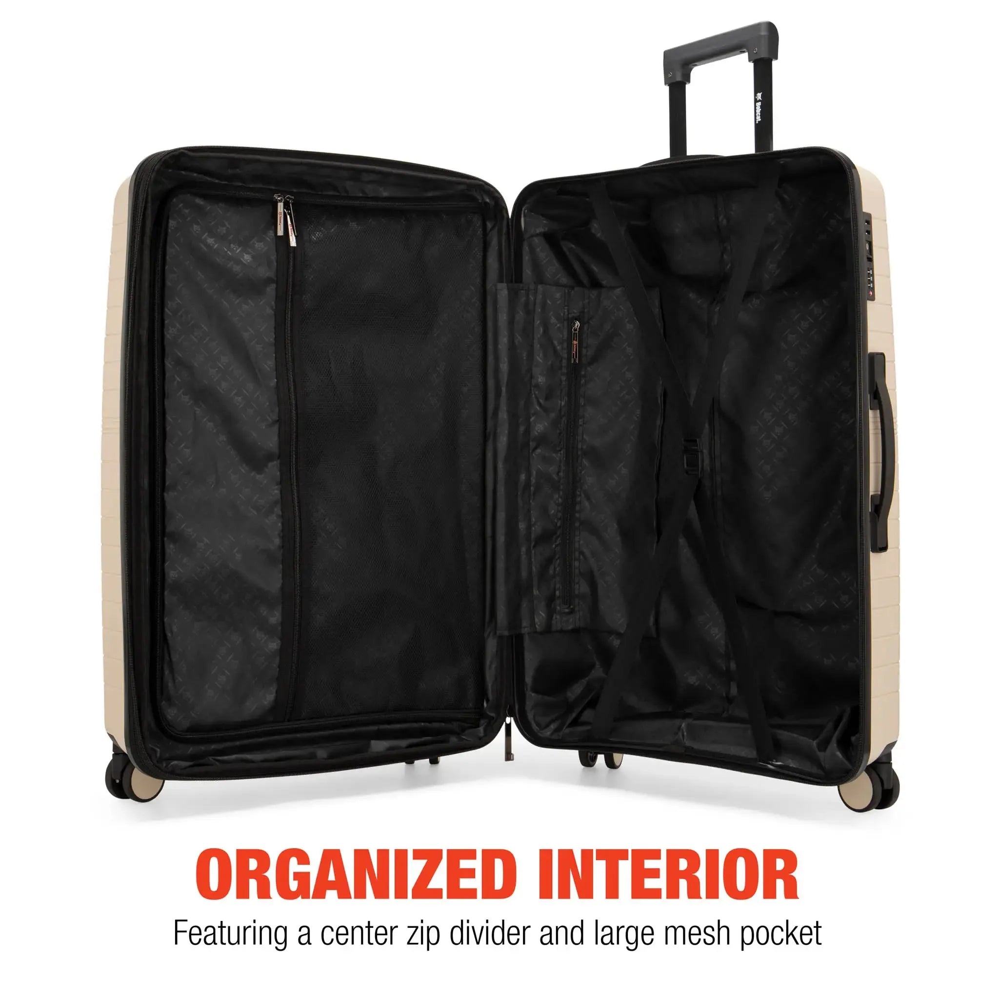 Open beige suitcase with organized interior features on a white background