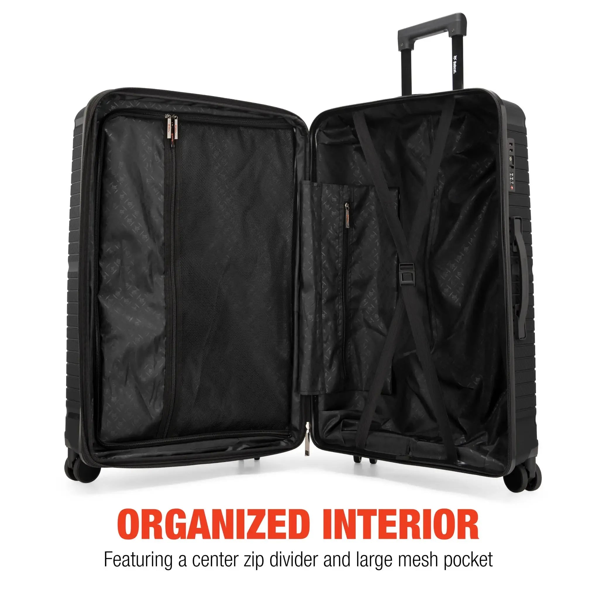 Black open suitcase with interior features on a white background