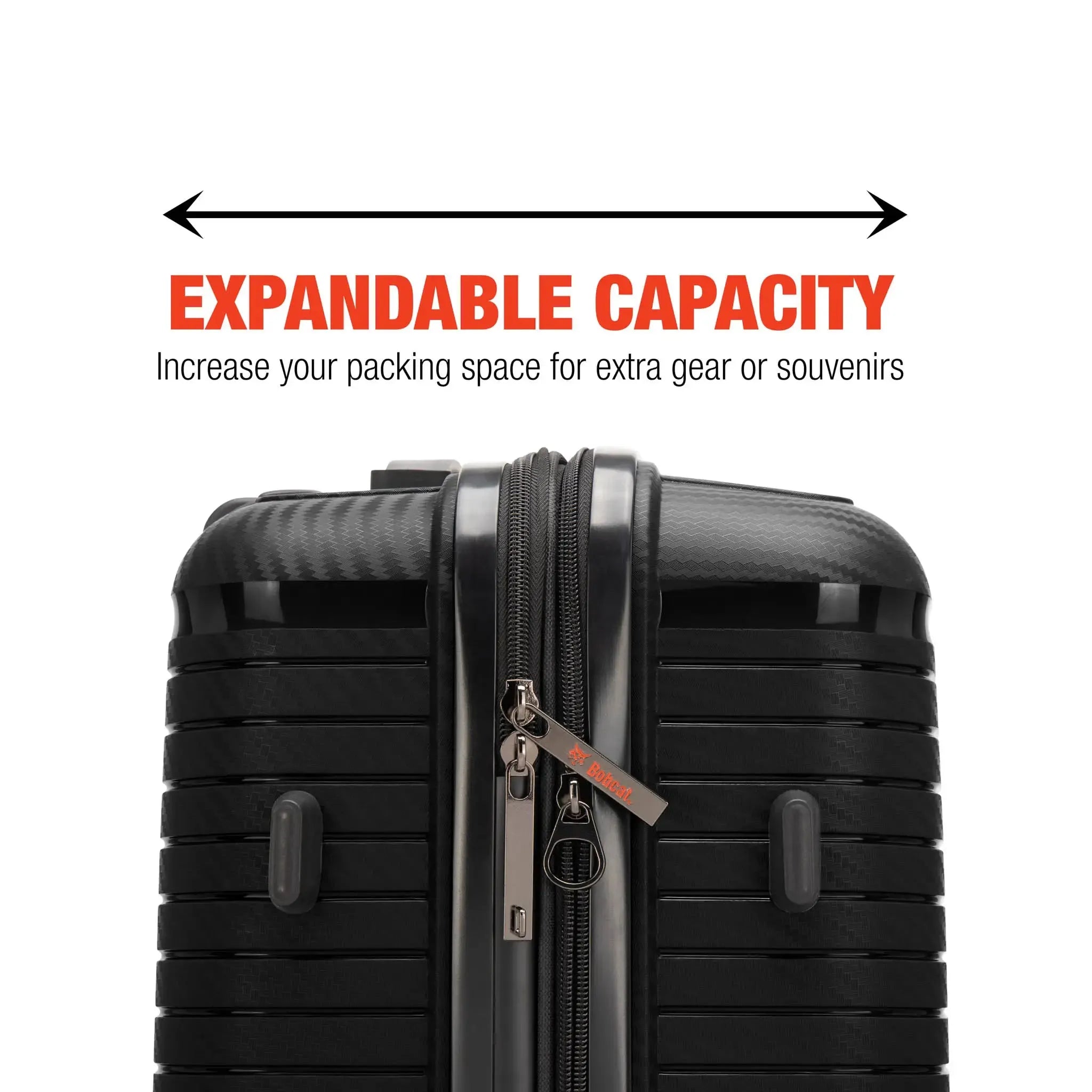Black suitcase with expandable capacity feature on a white background