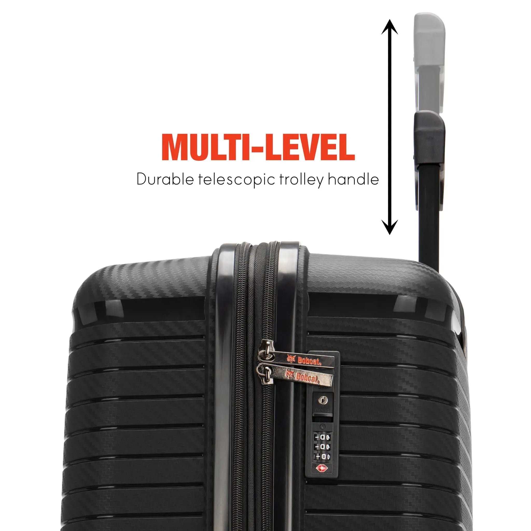 Black suitcase with a telescopic handle labeled 'Multi-Level' on a white background