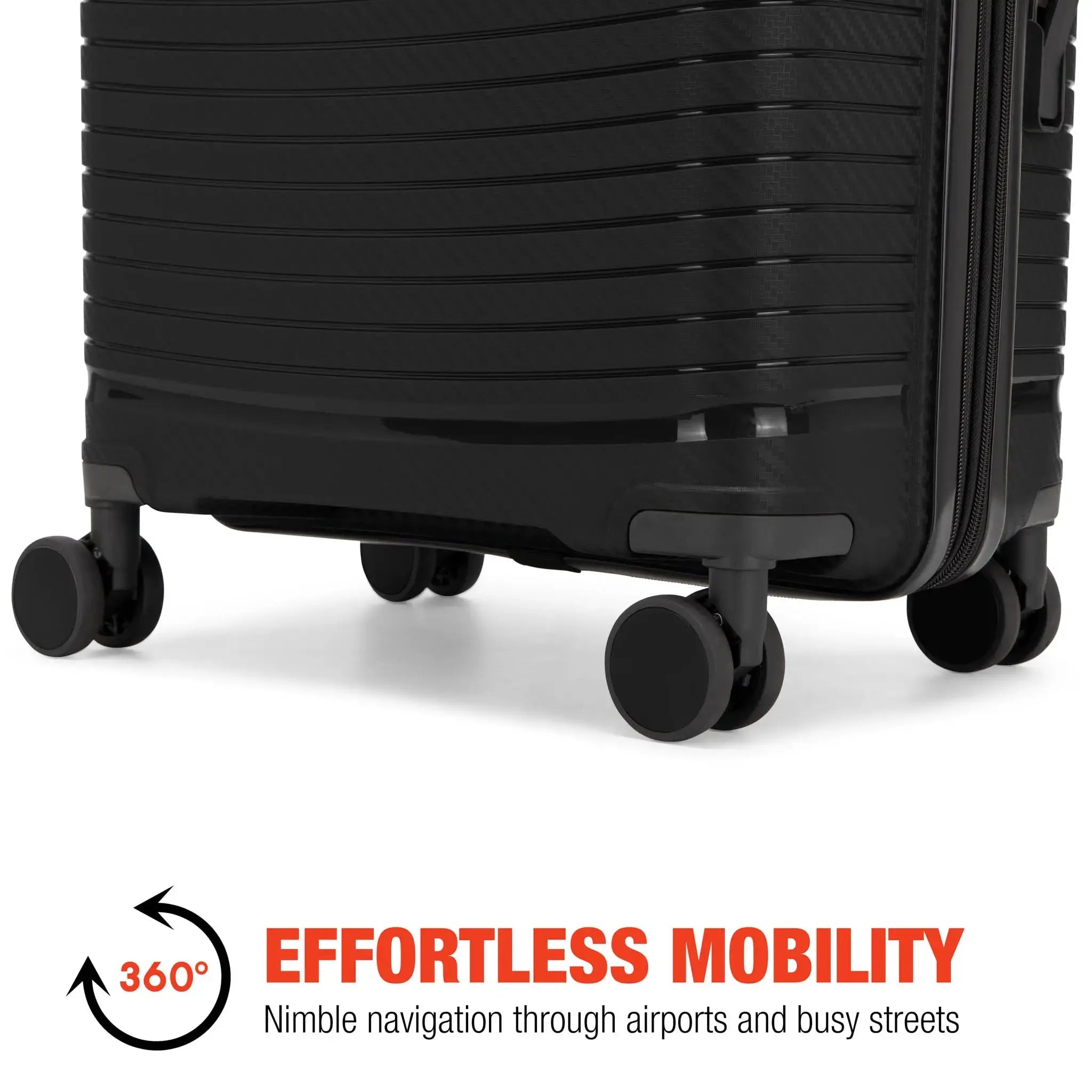 Black suitcase with wheels on a white background, featuring text about effortless mobility.