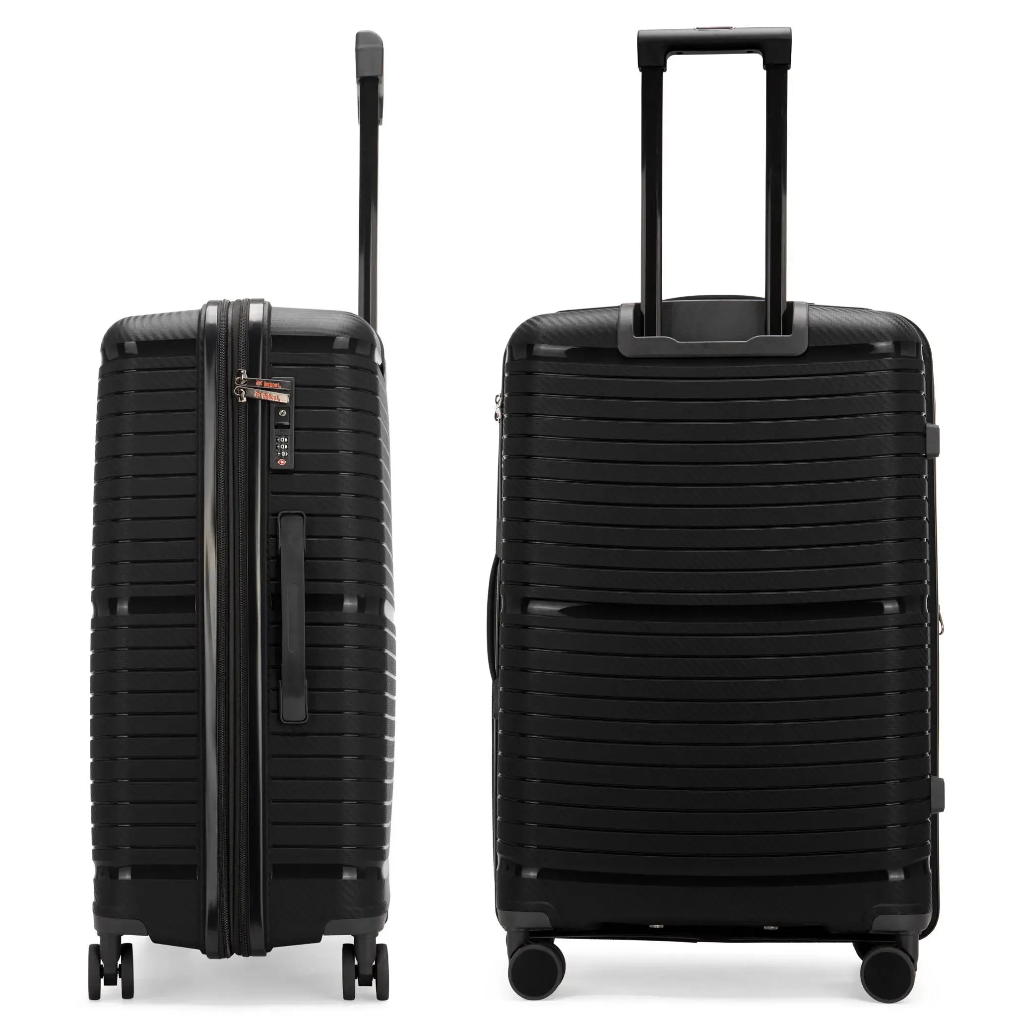 Two black suitcases with wheels on a white background
