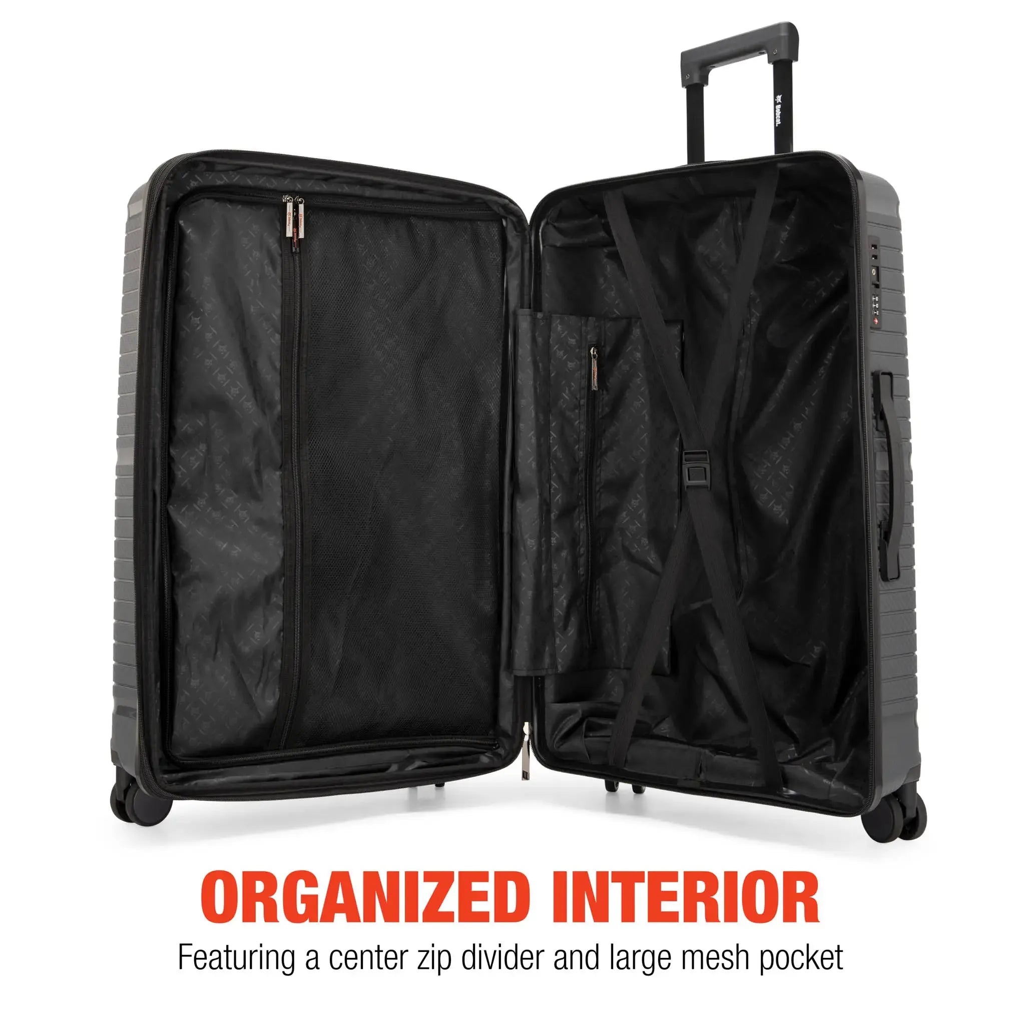 Open black suitcase with interior features highlighted on a white background