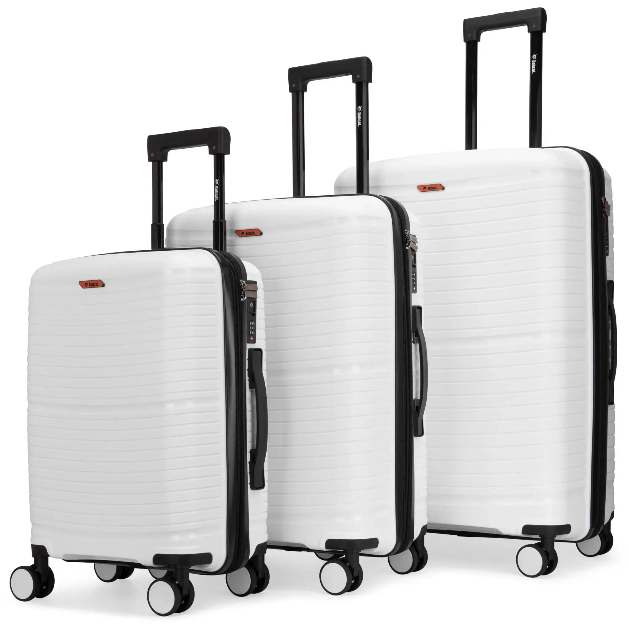 Three white suitcases with black handles and wheels on a white background