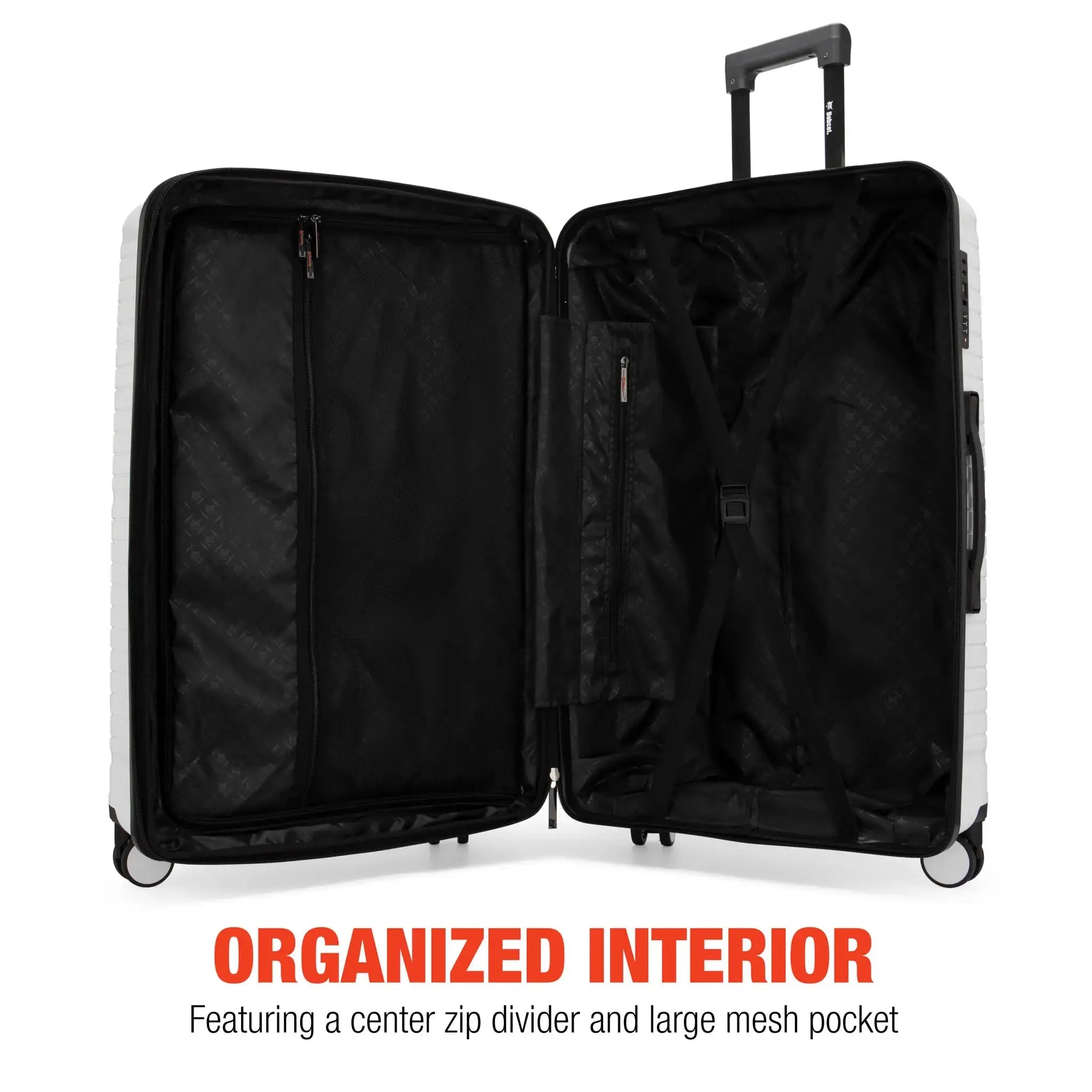 Open black suitcase with text highlighting organized interior features on a white background