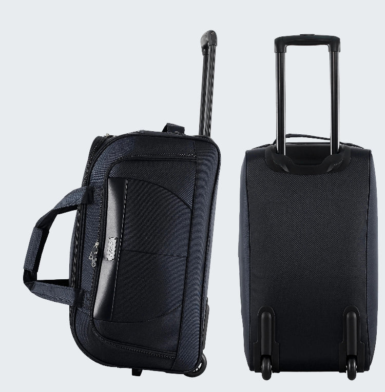Black suitcase with handle and wheels on a white background