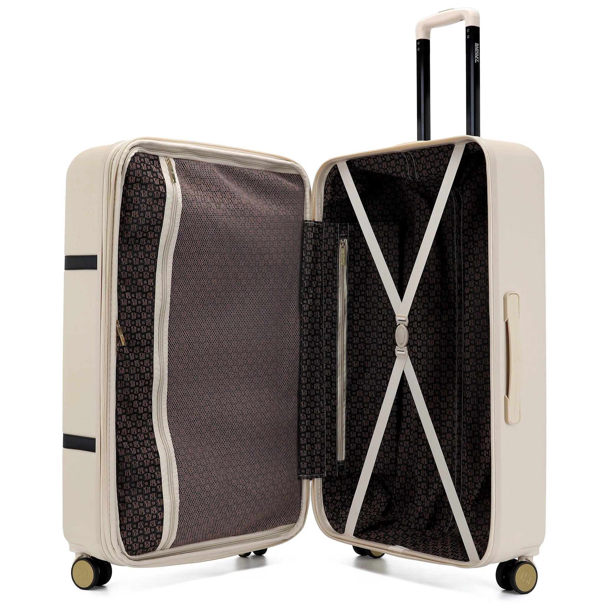 Beige suitcase with open compartment showing interior structure on a white background