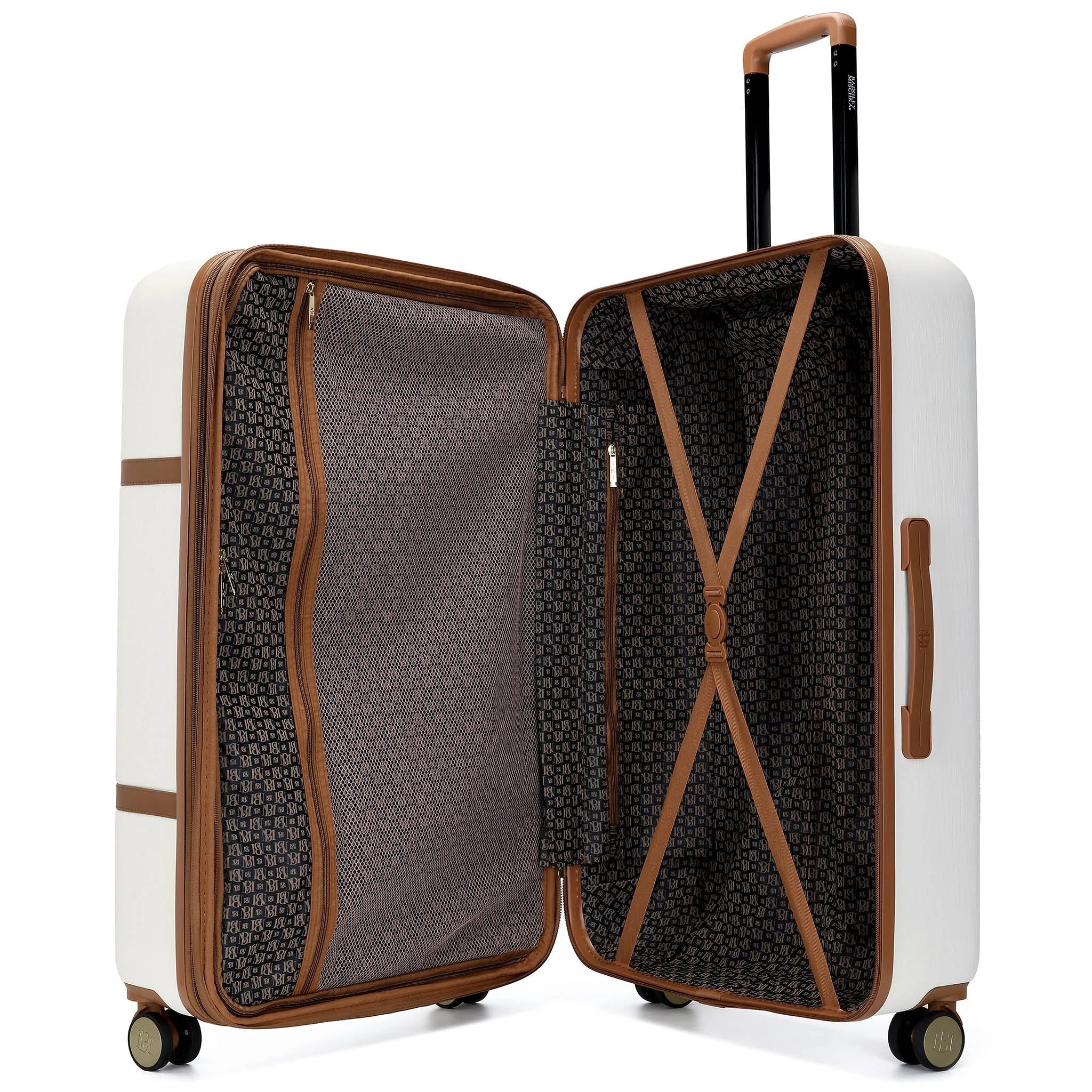 Open suitcase with brown interior pattern on a white background