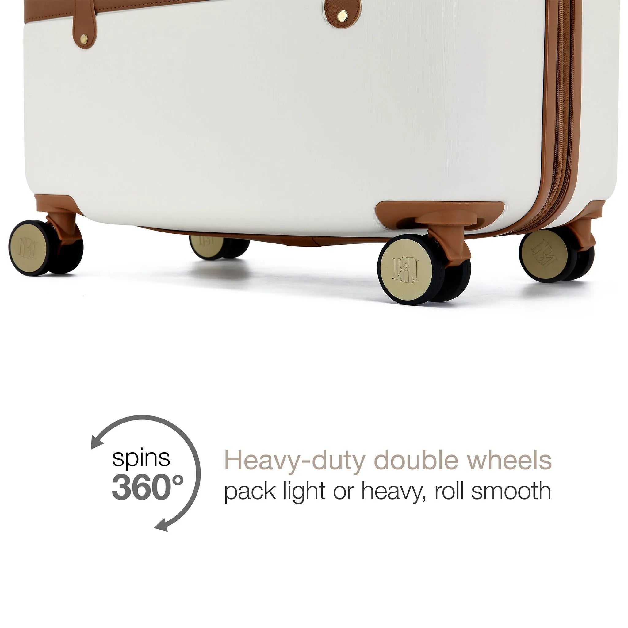 White suitcase with brown accents on a white background, highlighting its wheels.