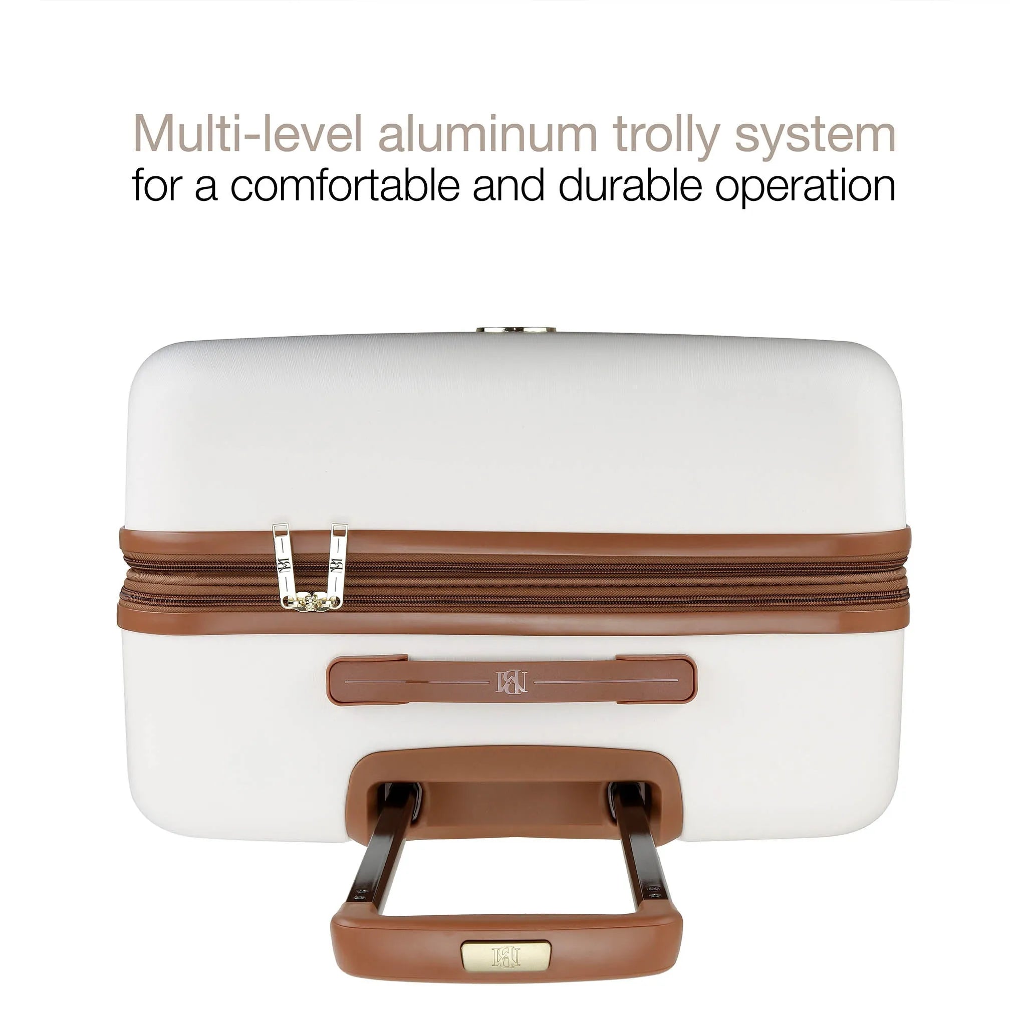 White trolley case with brown handles and zippers on a white background