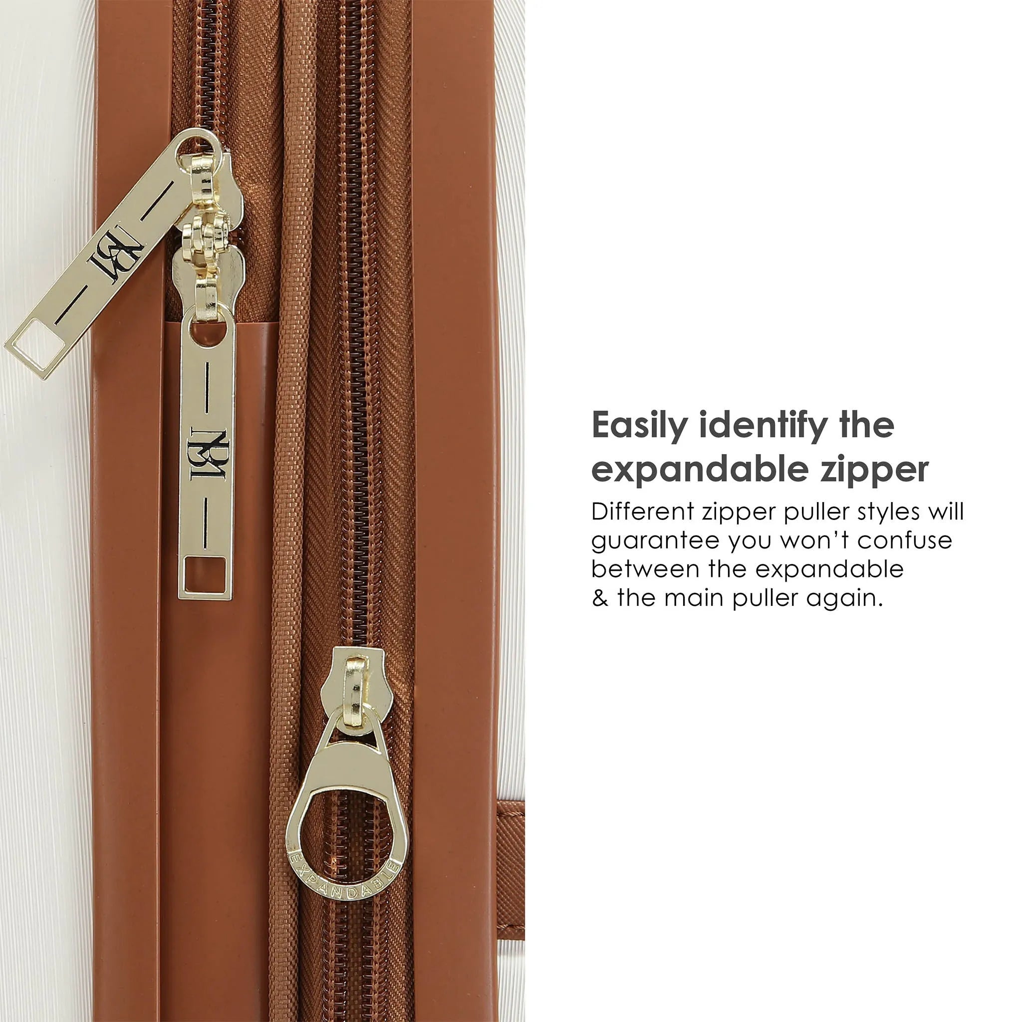 Brown suitcase with expandable zipper and gold puller on a white background