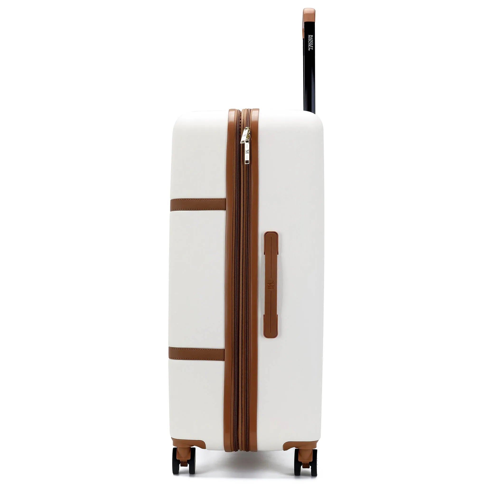 White suitcase with brown accents on a white background