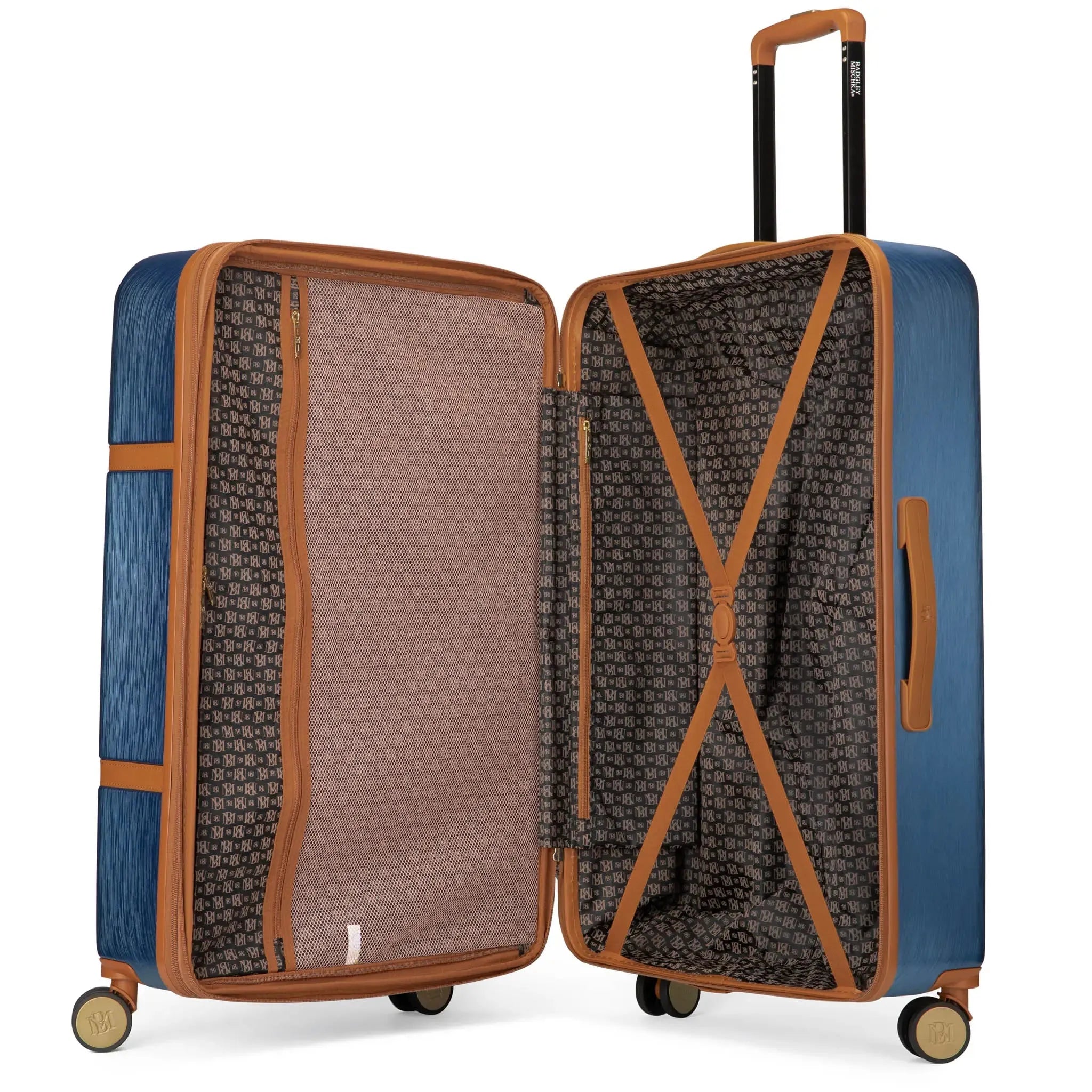 Open blue and brown suitcase with patterned interior on a white background