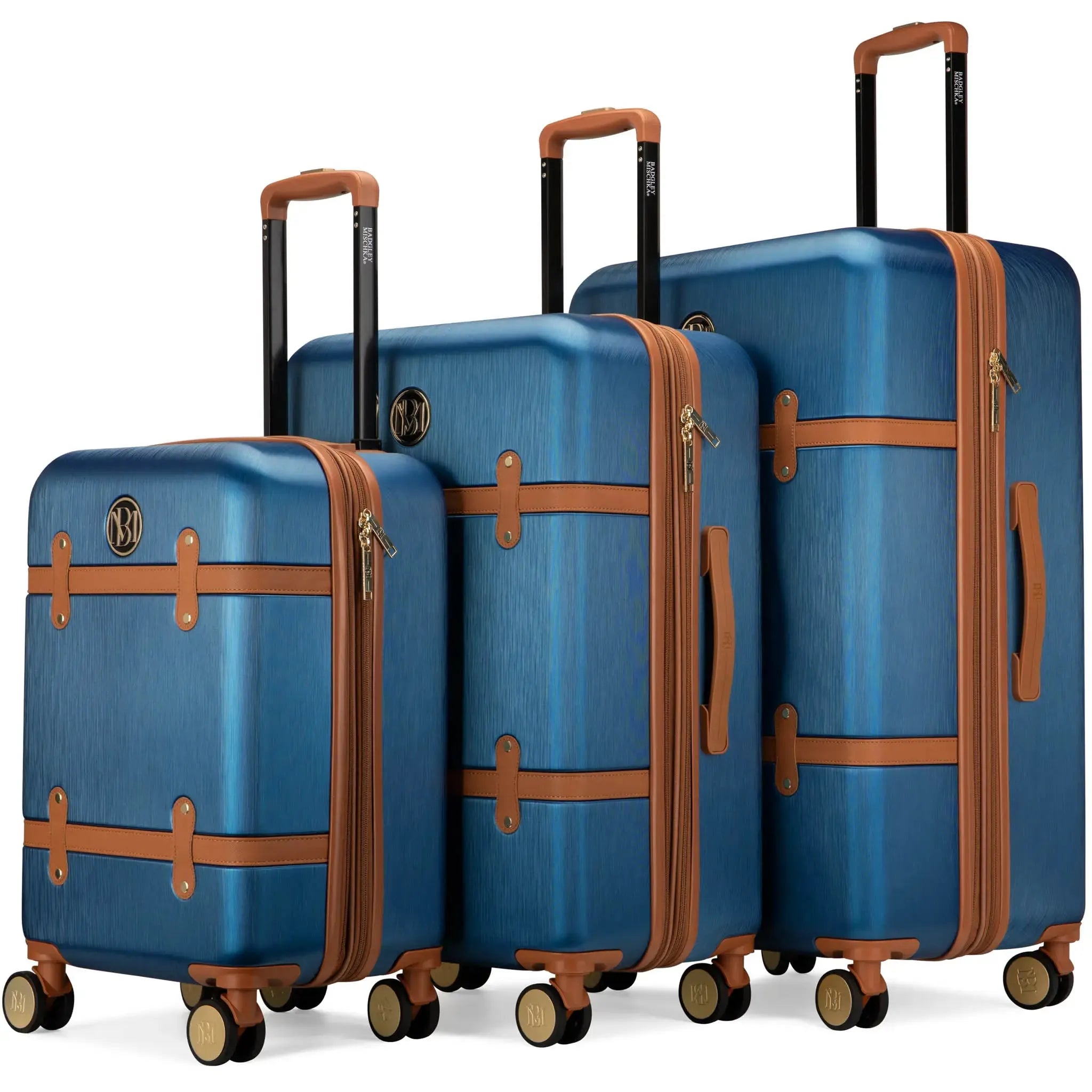 Set of three blue suitcases with brown accents on a white background