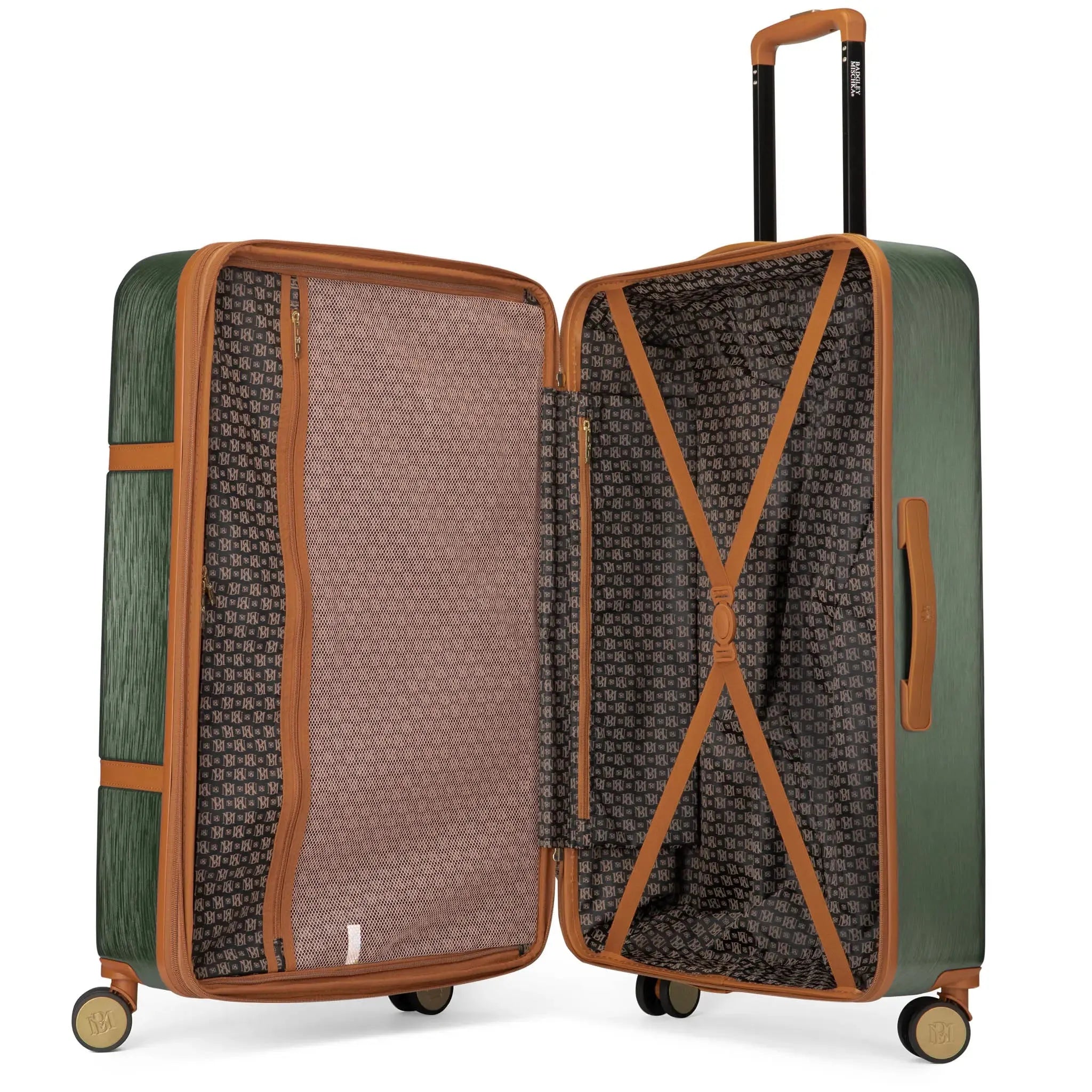 Green and brown suitcase with open lid on a white background