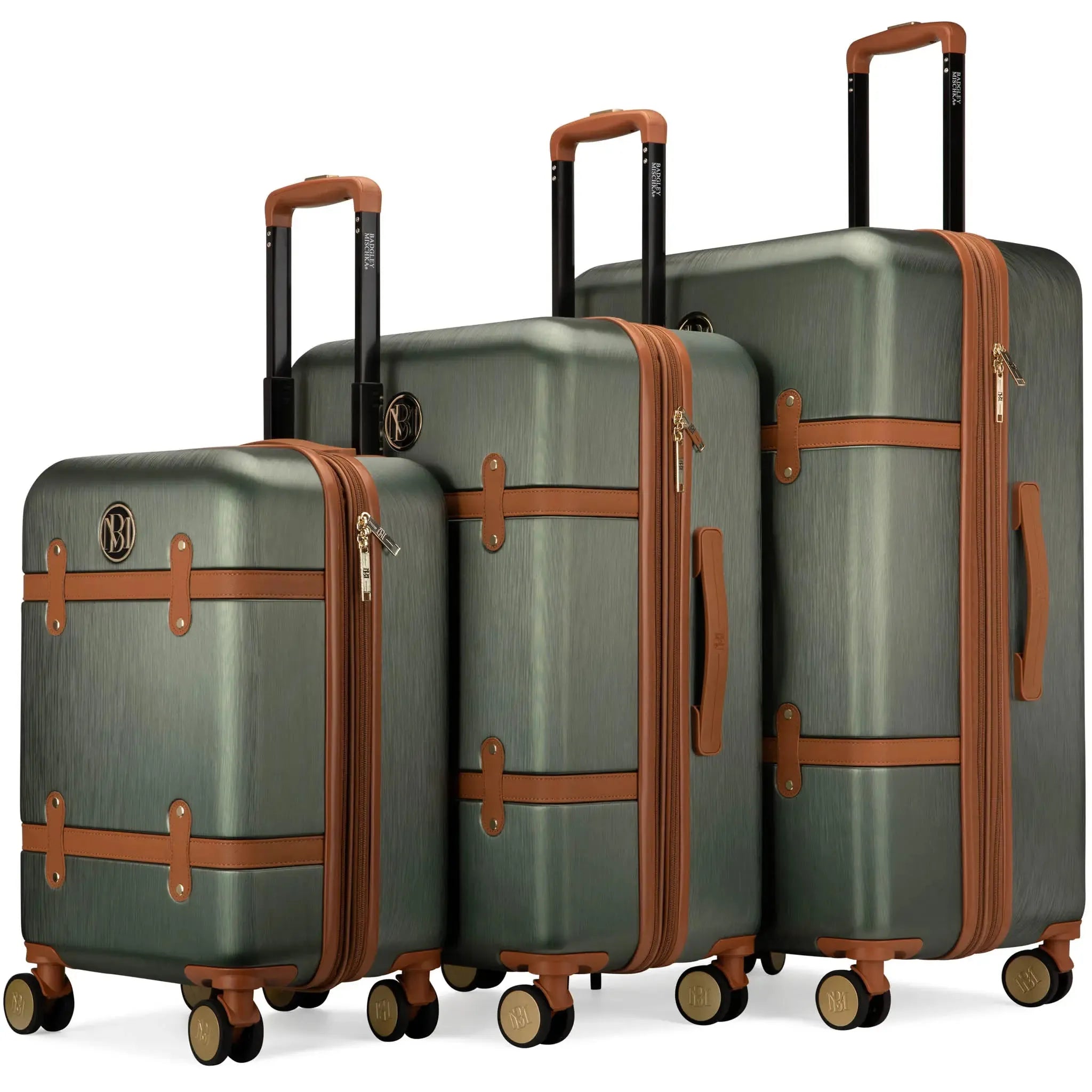 Set of three green suitcases with brown straps on a white background