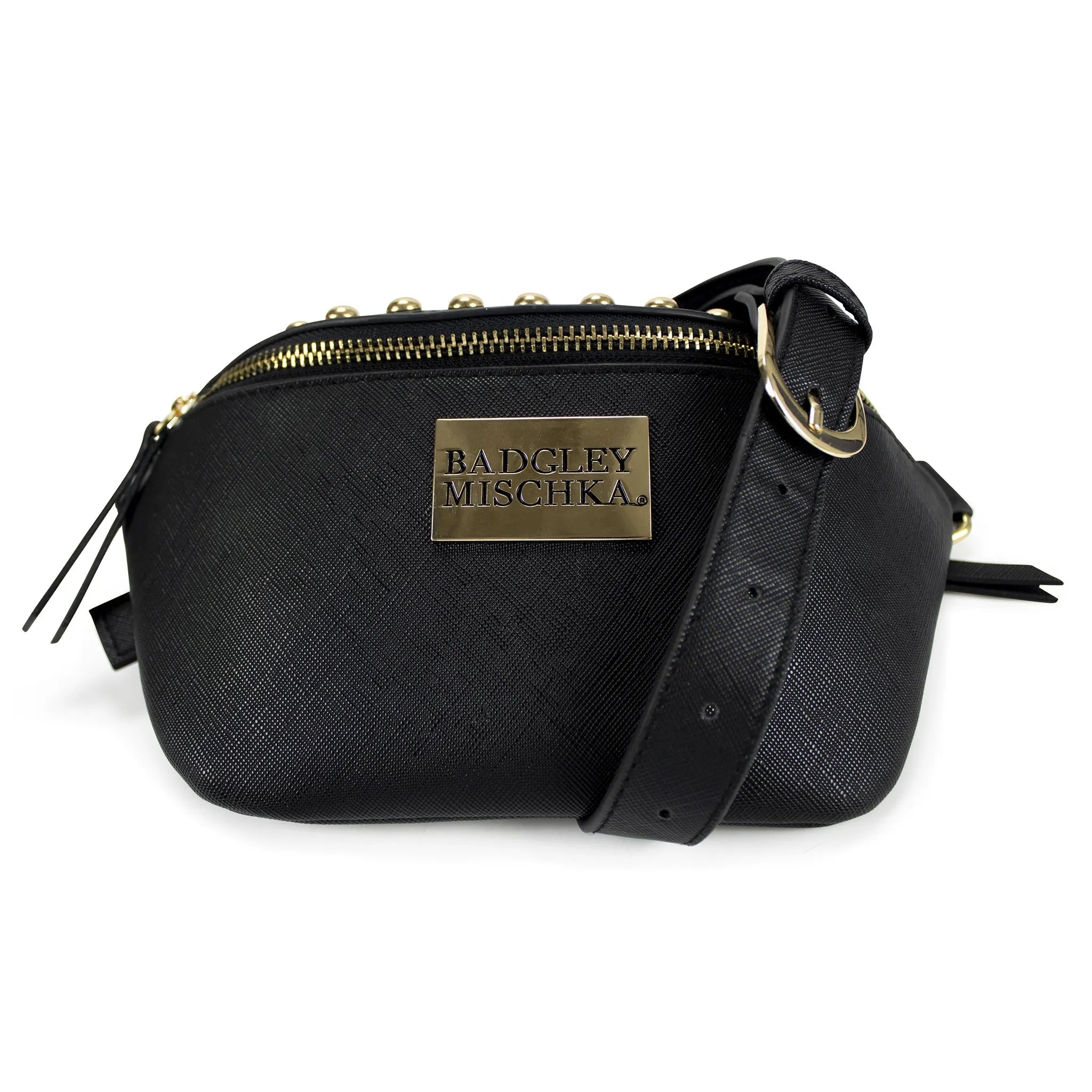 Black handbag with gold accents and 'Badgley Mischka' logo on a white background