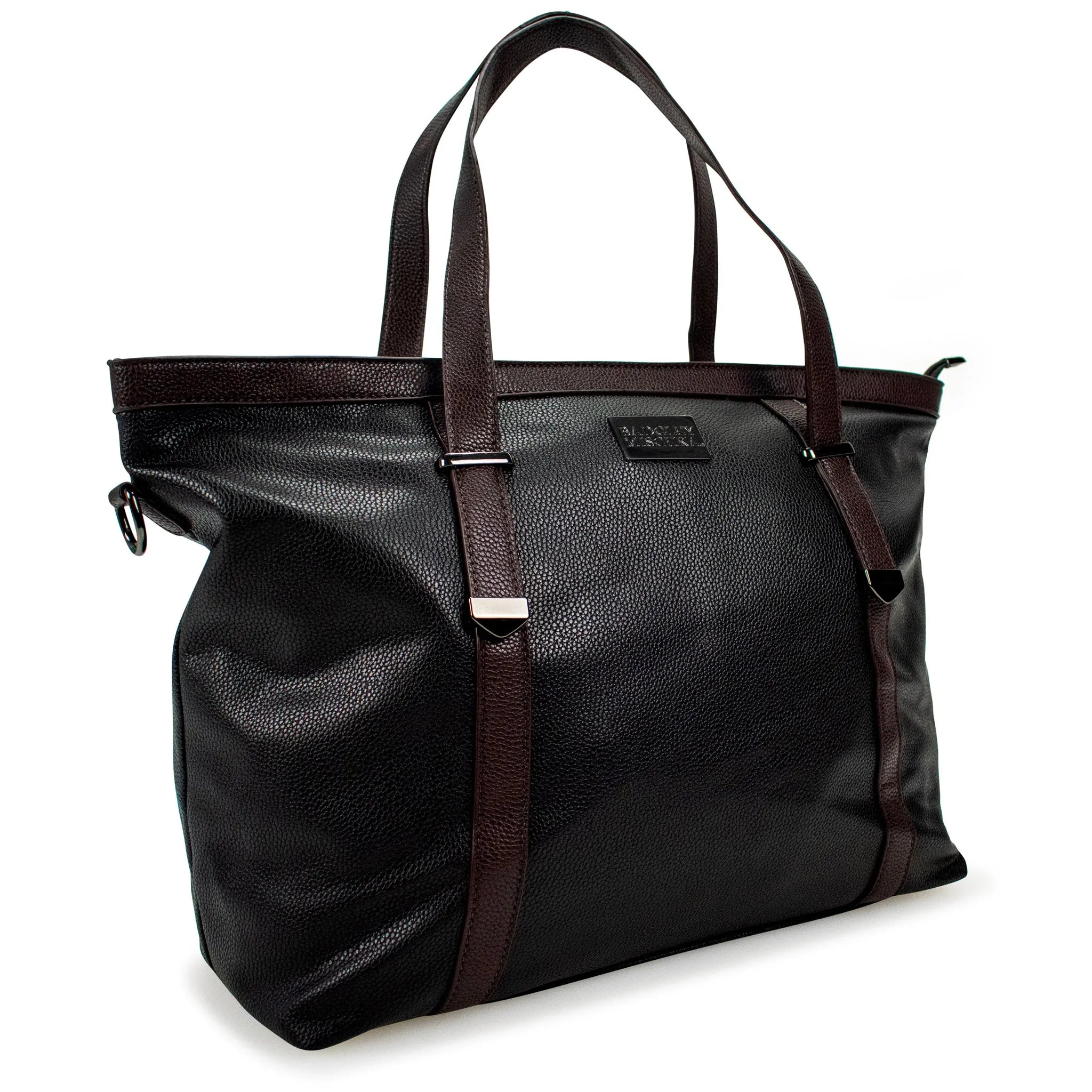 Black leather tote bag with brown straps on a white background